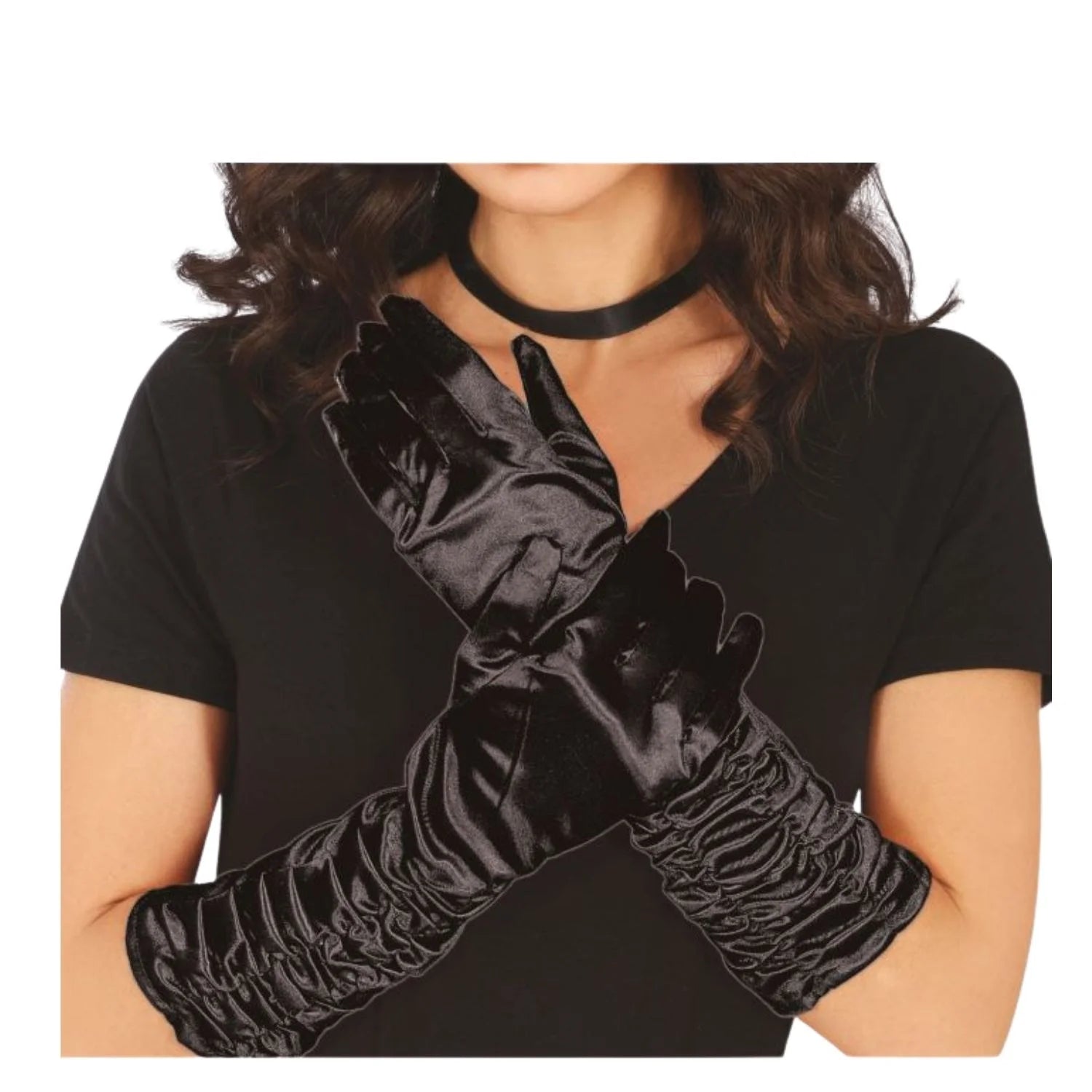 guantes largos arrugados negros de 40 cm estilo cabaret elegantes y satinados