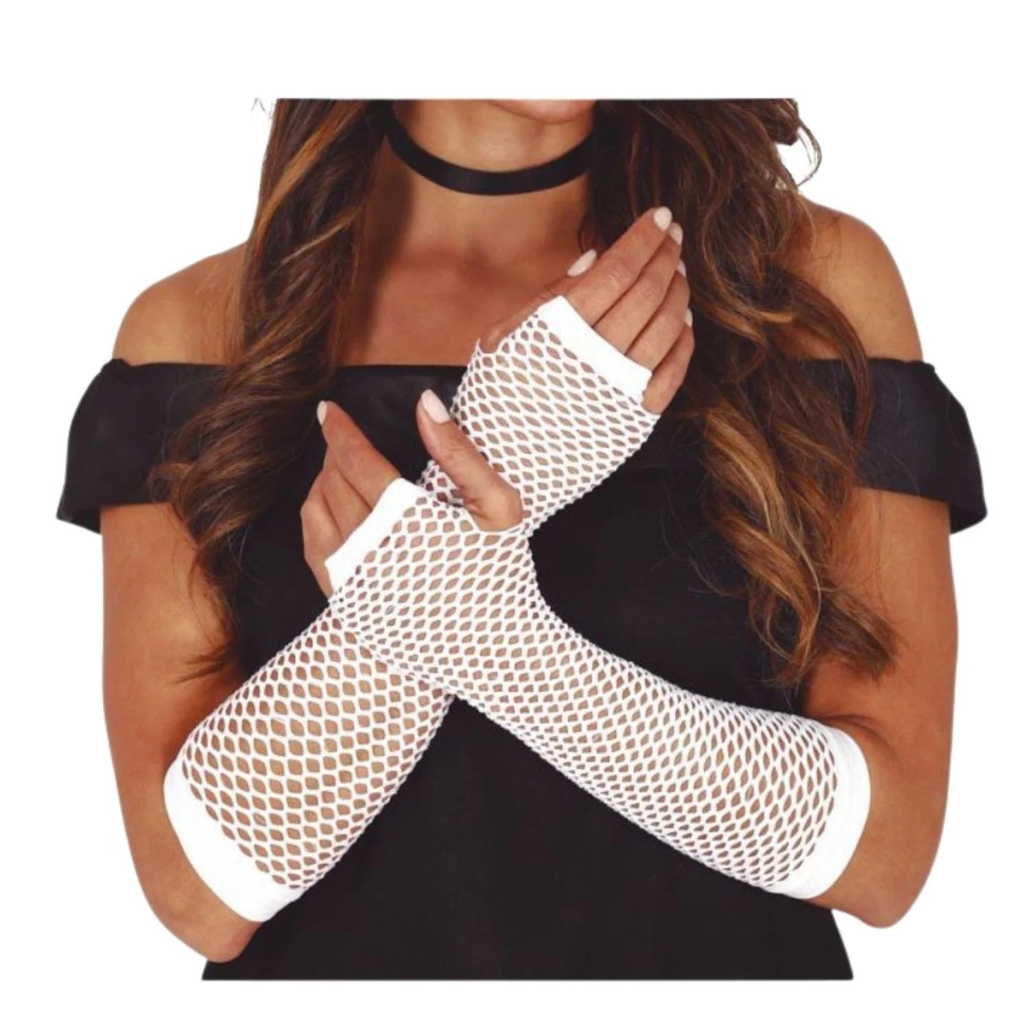 guantes de malla blancos 26 cm sin dedos estilo retro punk para outfit llamativo