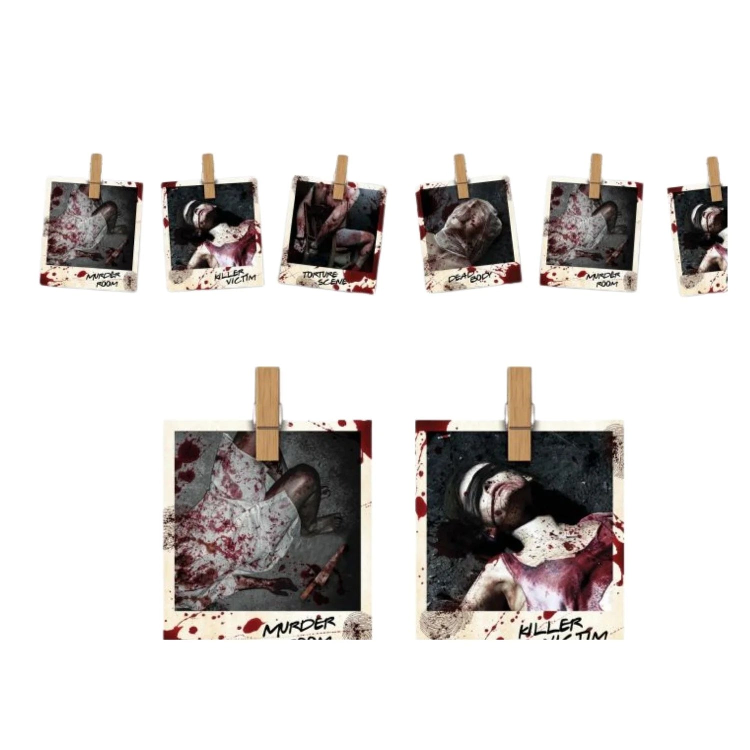 guirnalda de fotos de crímenes decoración para temática terror y ambientación Halloween