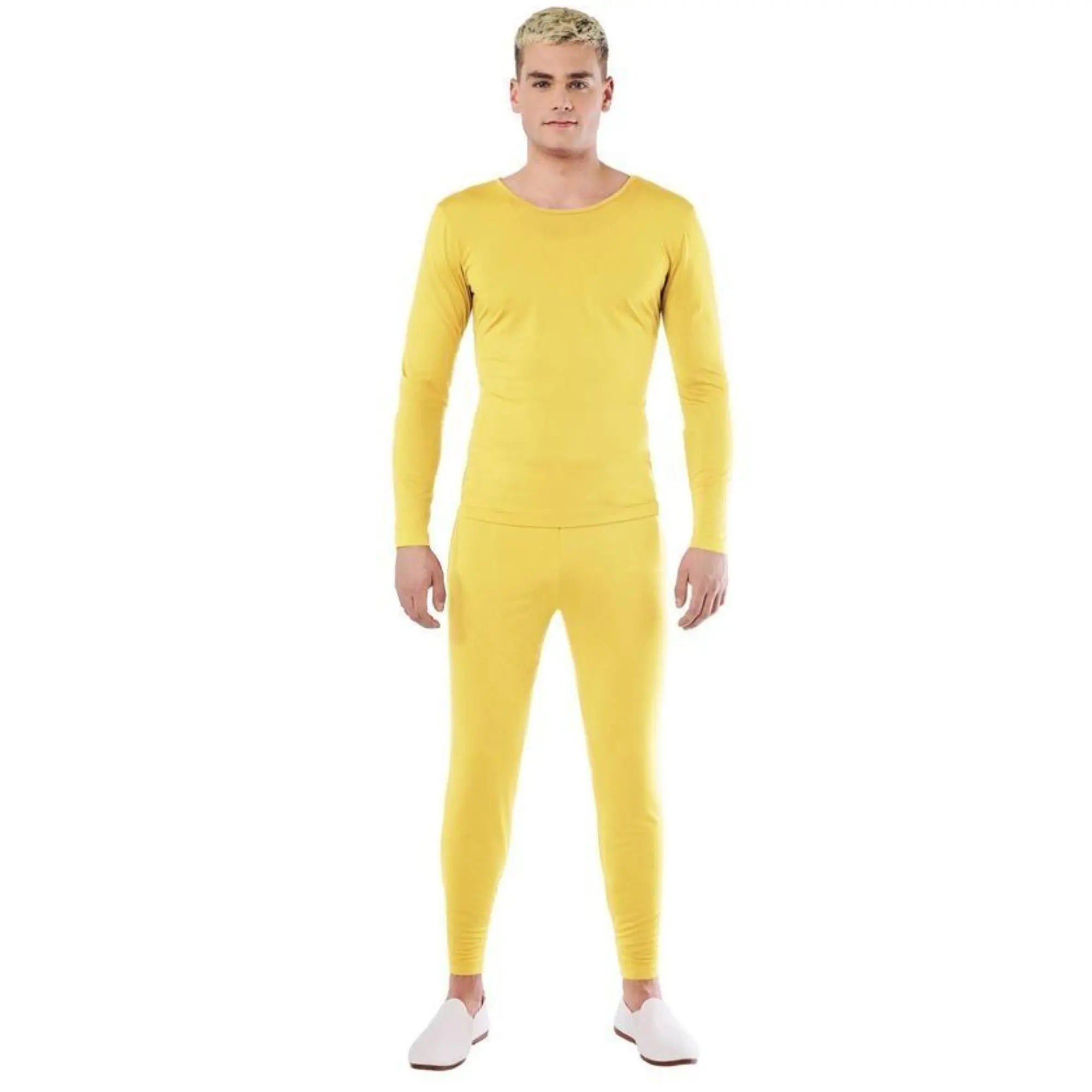 Disfraz de maillot amarillo para hombre con camiseta y pantalón de spandex ideal para teatro y Carnaval