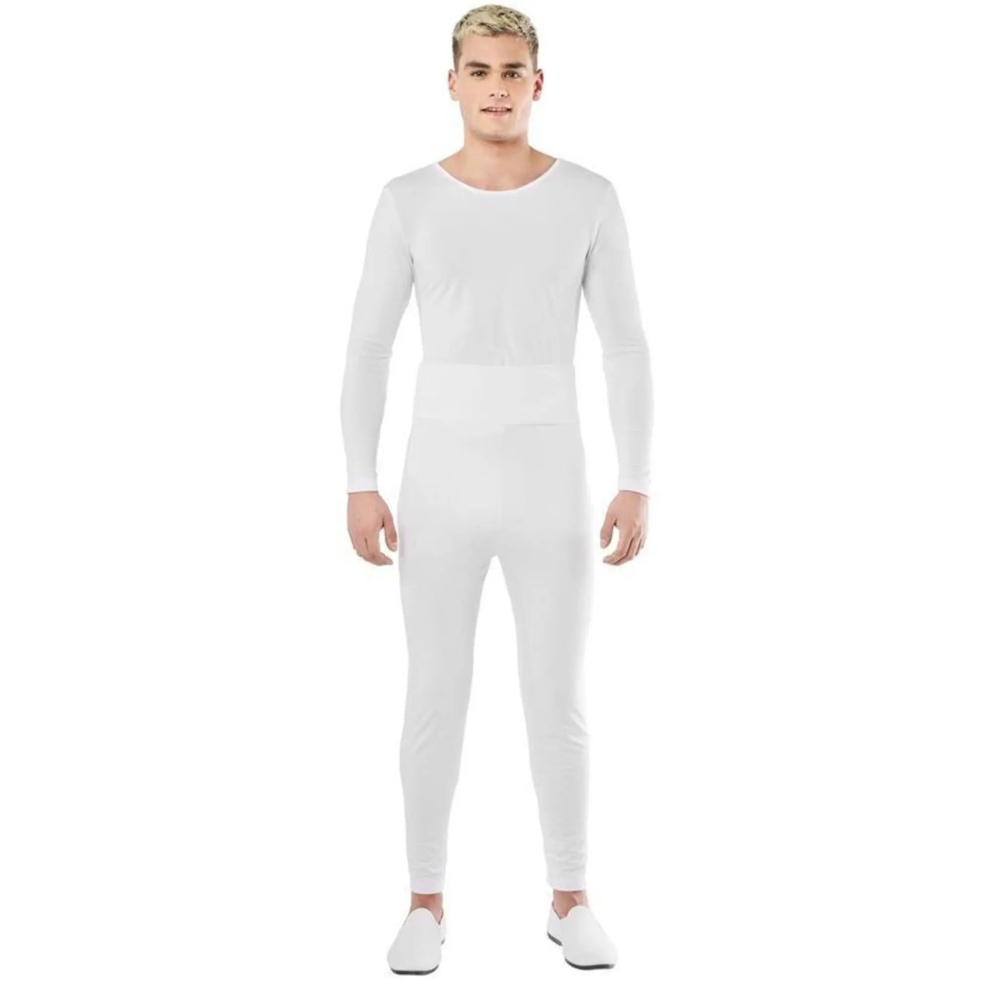 Maillot blanco para hombre con camiseta y pantalón de spandex ideal para teatro y Carnaval