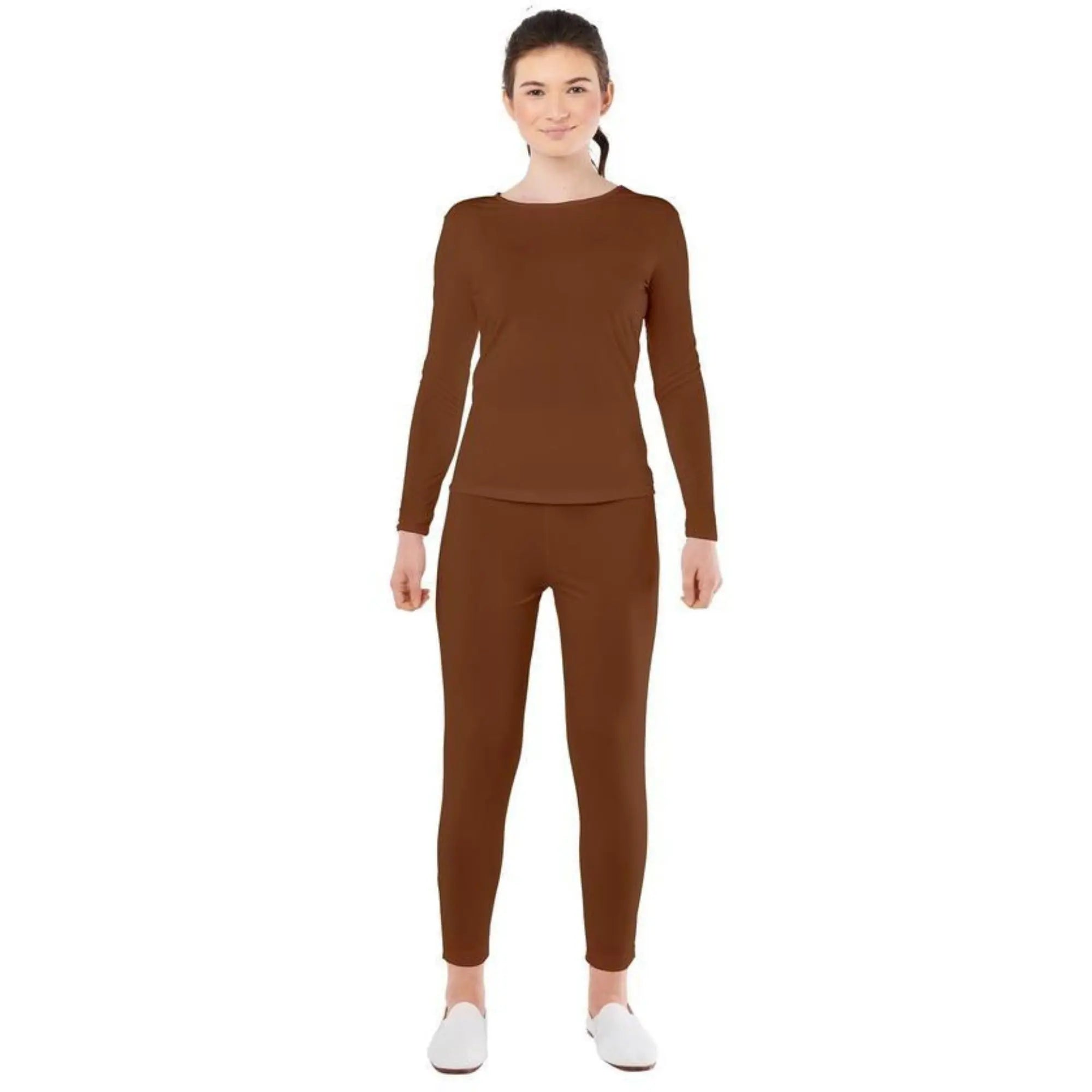 Disfraz maillot marrón para mujer con camiseta y pantalón de spandex ideal para teatro y Carnaval