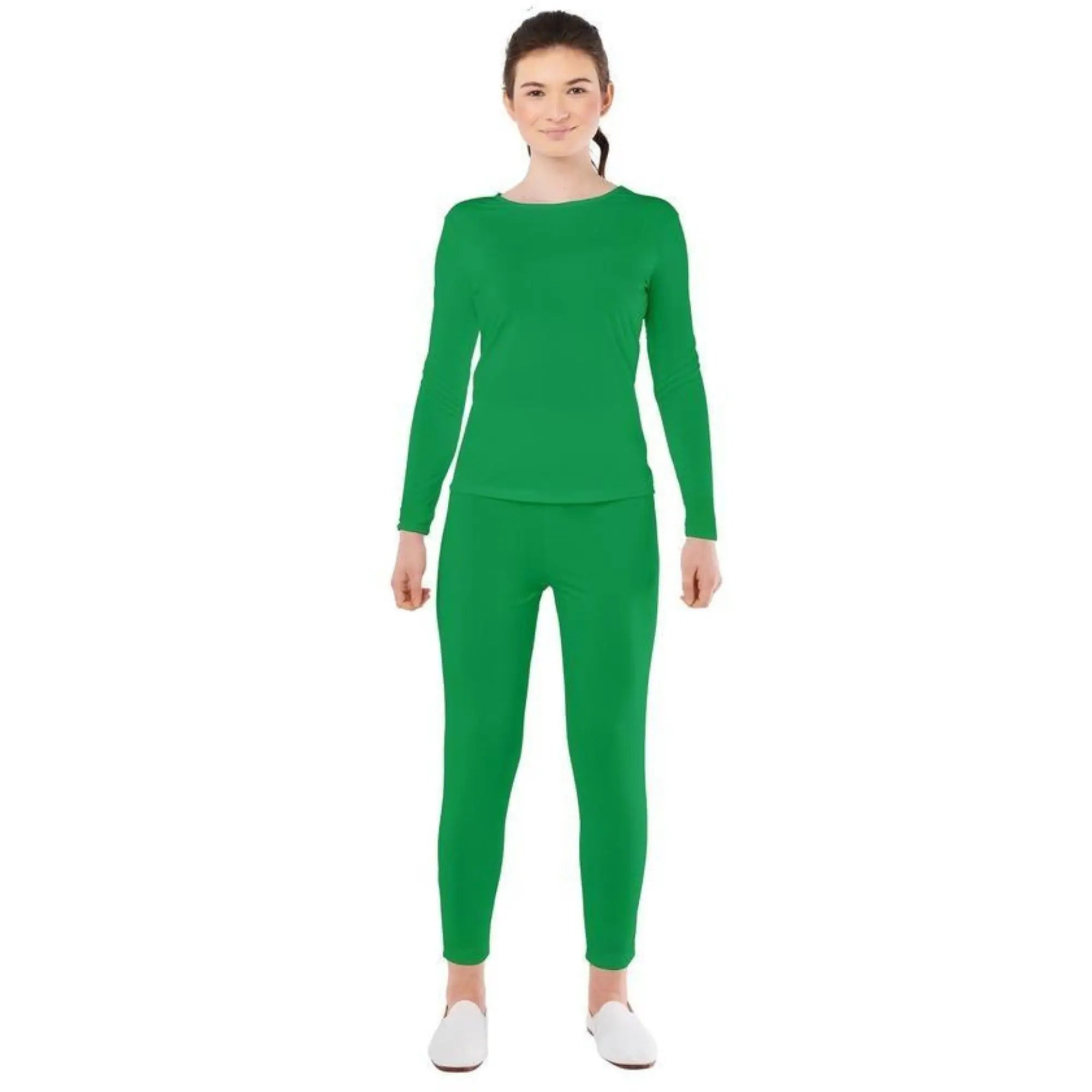 Disfraz maillot verde para mujer con camiseta y pantalón elástico ideal para Carnaval y actuaciones