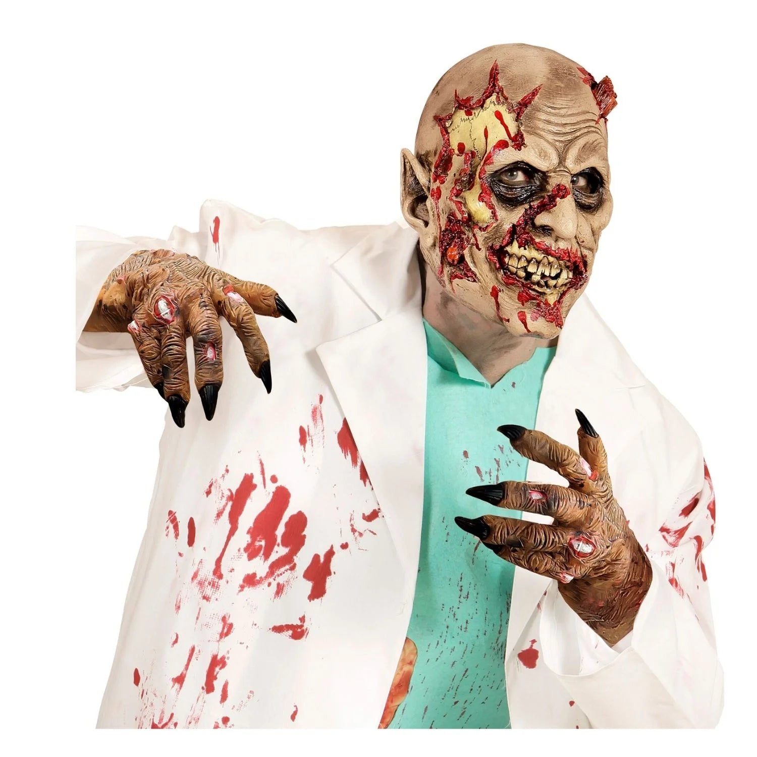 manos de zombie latex con uñas negras y heridas para look de terror halloween