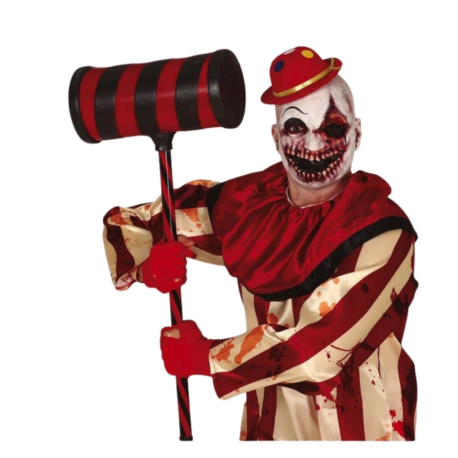 martillo de payaso terror de 79 cm en rojo y negro para look halloween circo siniestro