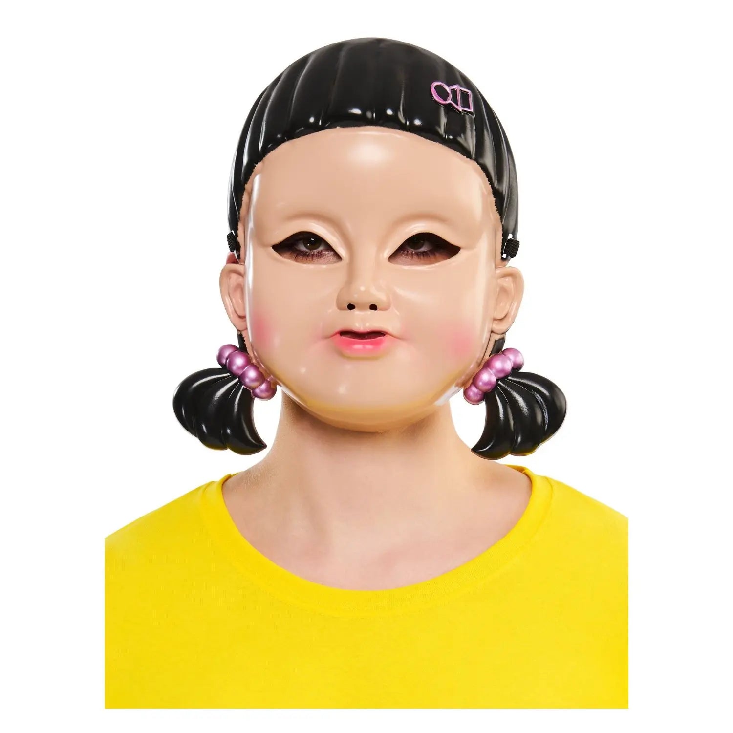 Máscara chica Juego del Calamar de plástico rígido con coletas para Halloween y cosplay