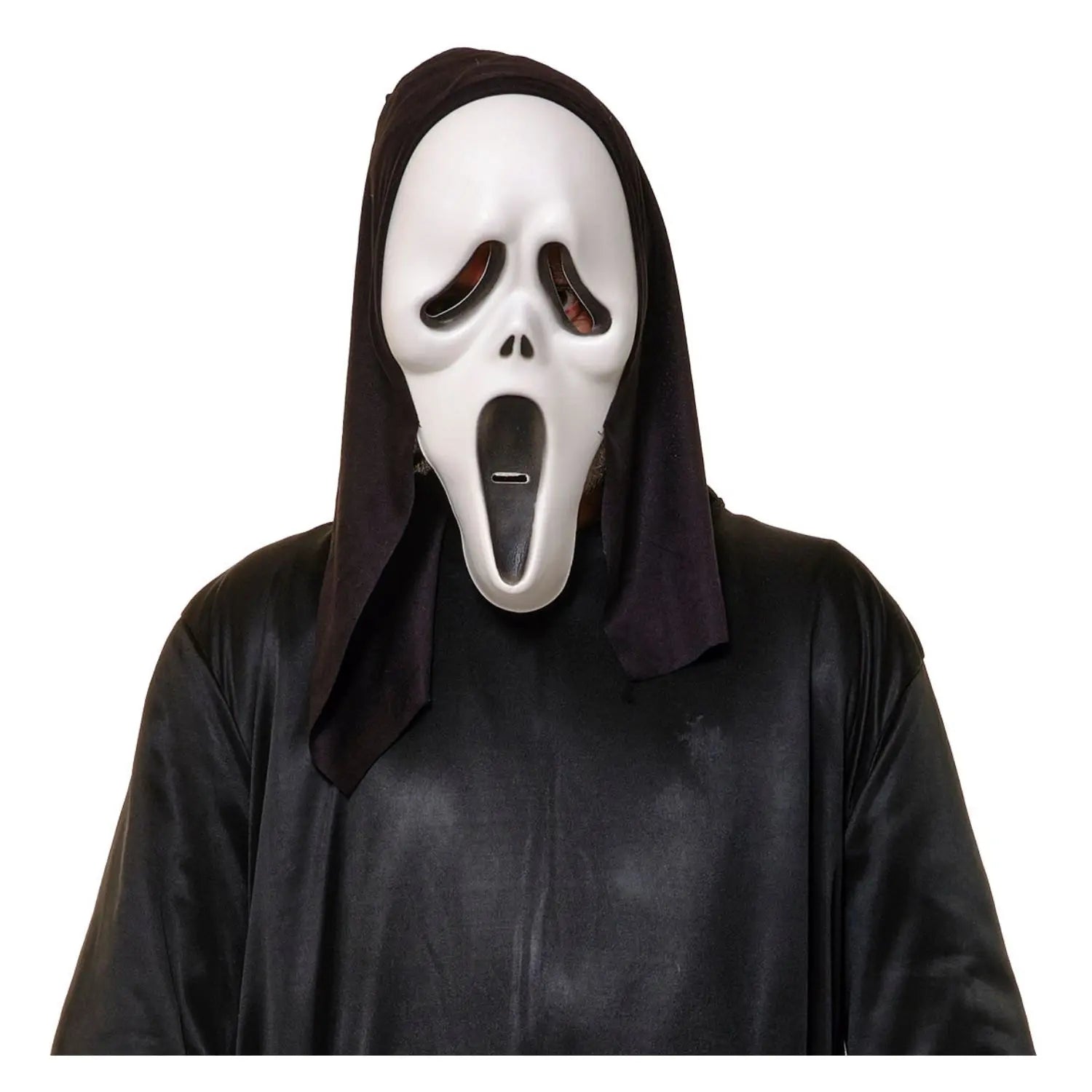 Máscara Scream blanca con capucha negra para Halloween y fiestas de terror