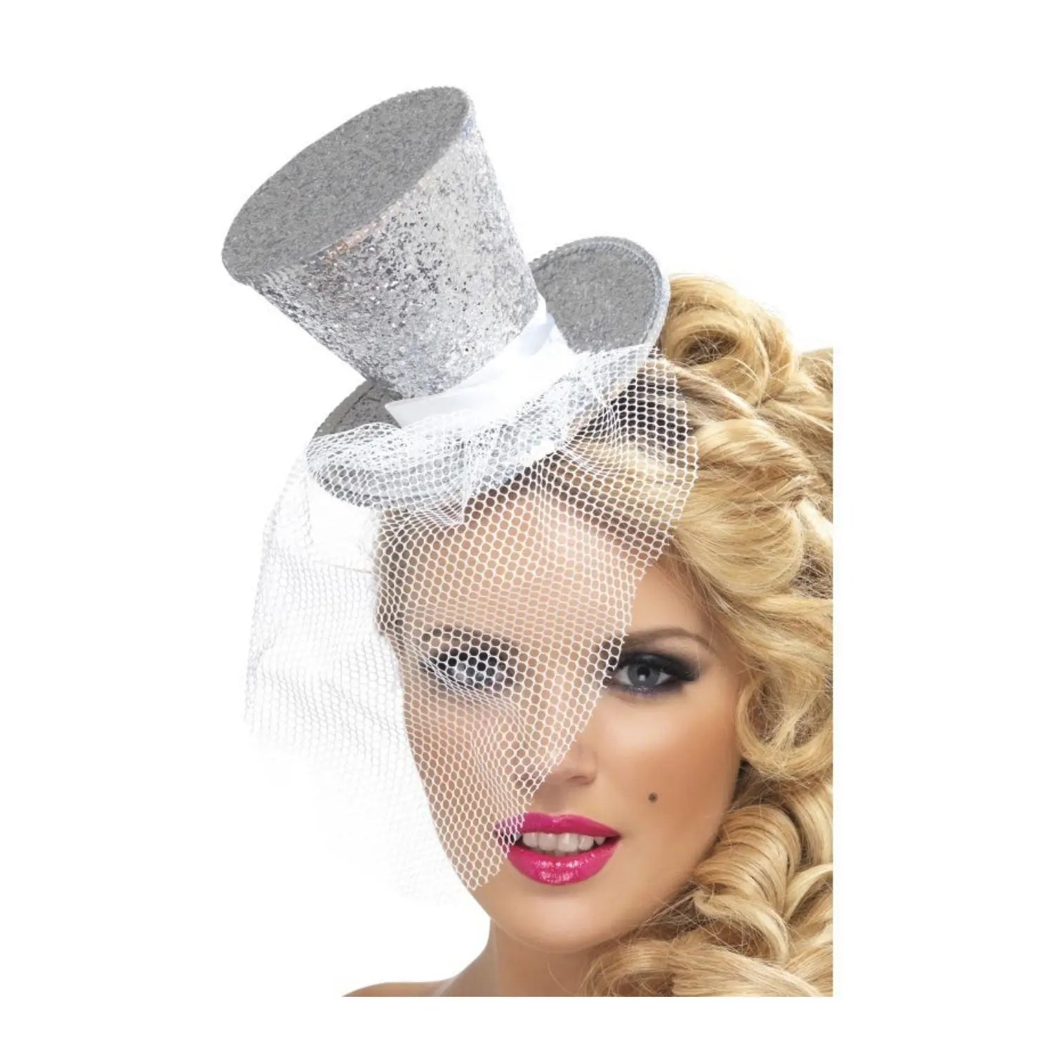 mini chistera plateada con purpurina complemento para look de fiesta o cabaret elegante