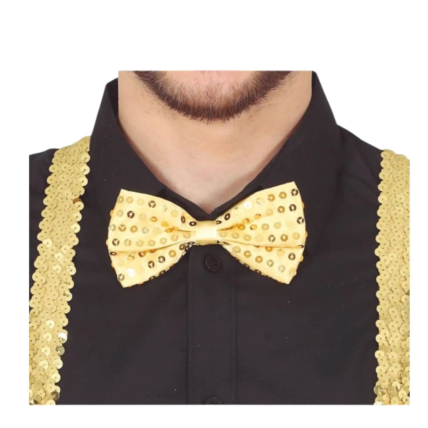 pajarita dorada de lentejuelas complemento para look de fiesta o espectáculo elegante
