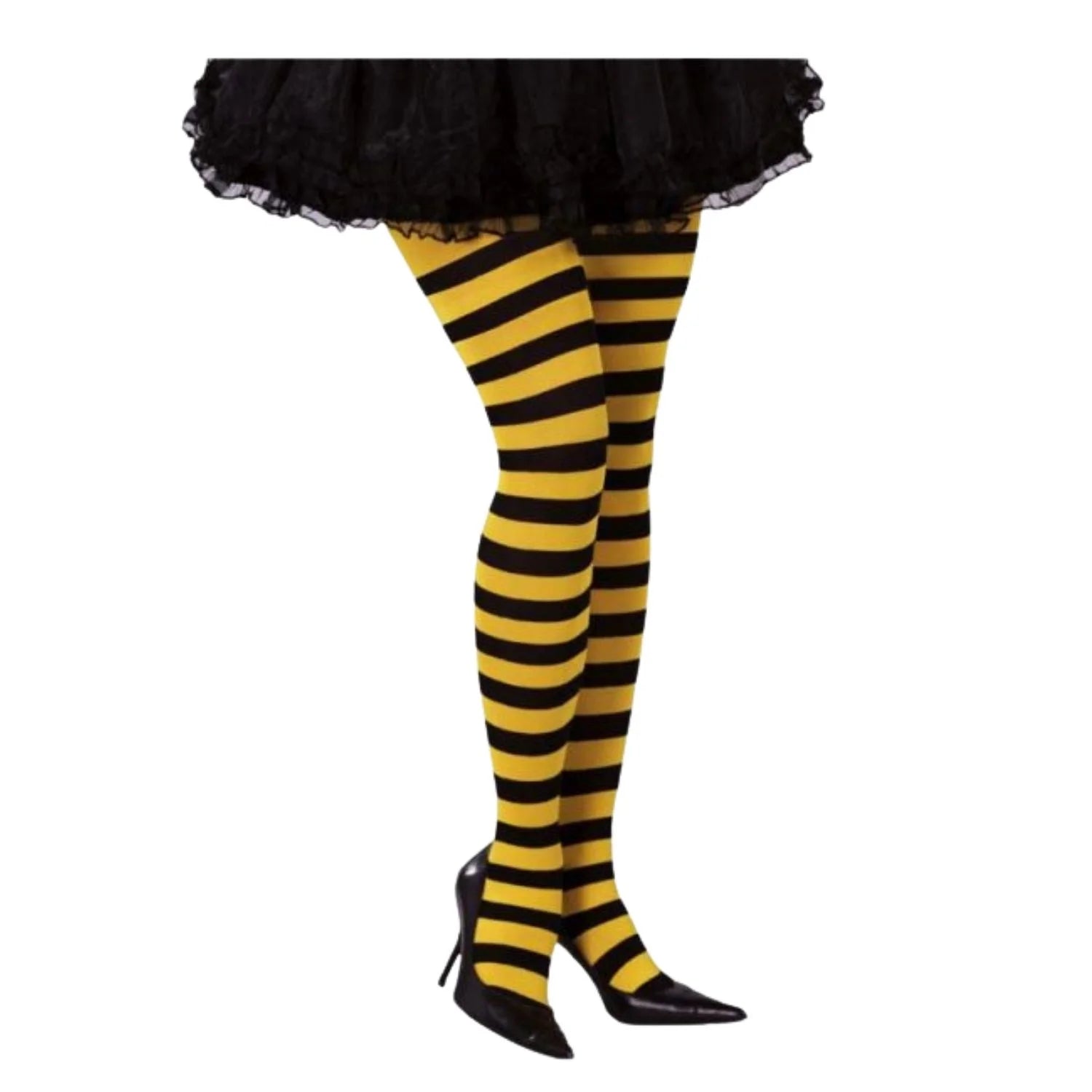 pantys a rayas negro y amarillo estilo abeja para look de fiesta temática