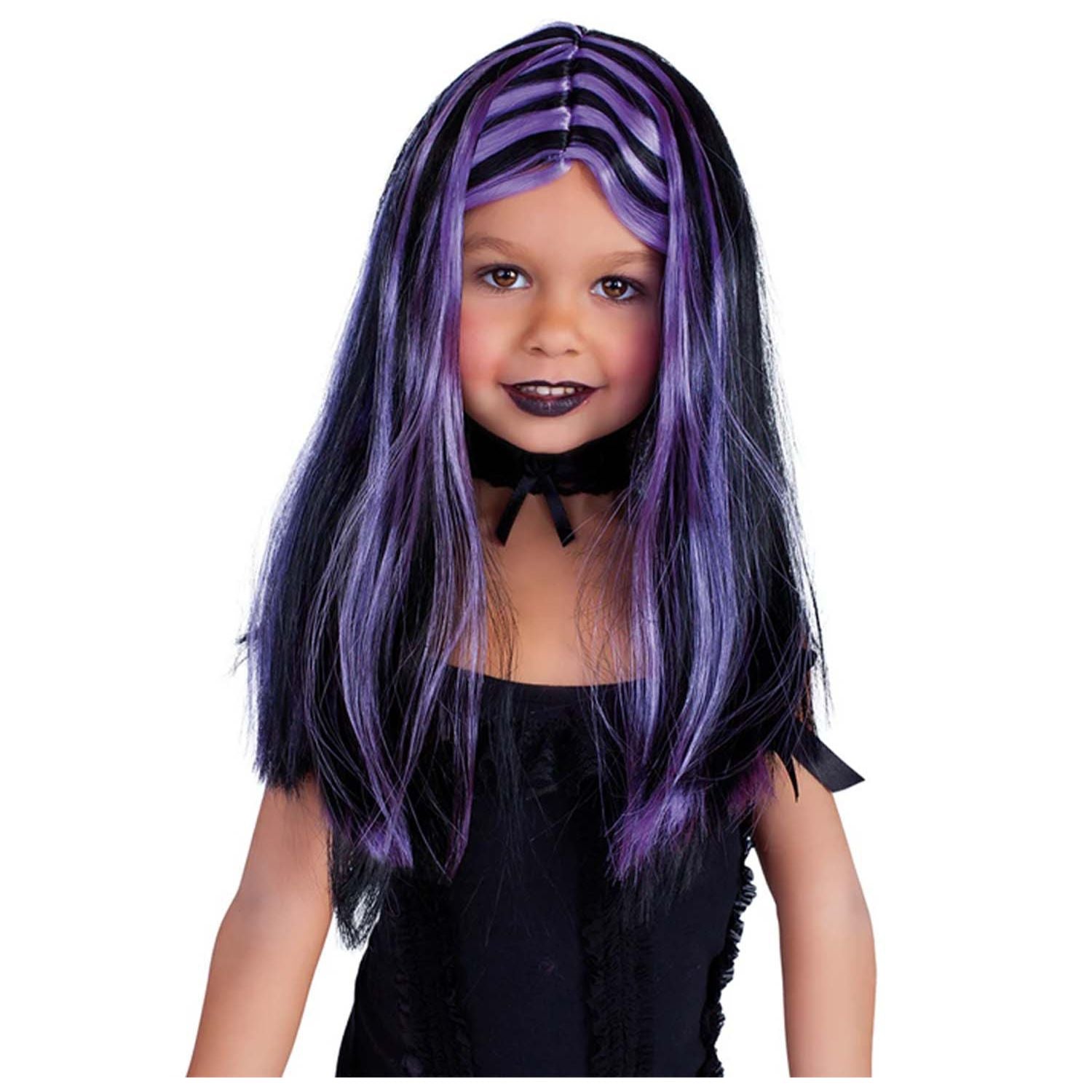 Peluca negra con mechas lila para disfraz bruja