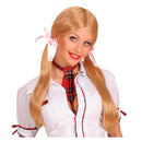 Peluca colegiala rubia con dos coletas largas y lazos