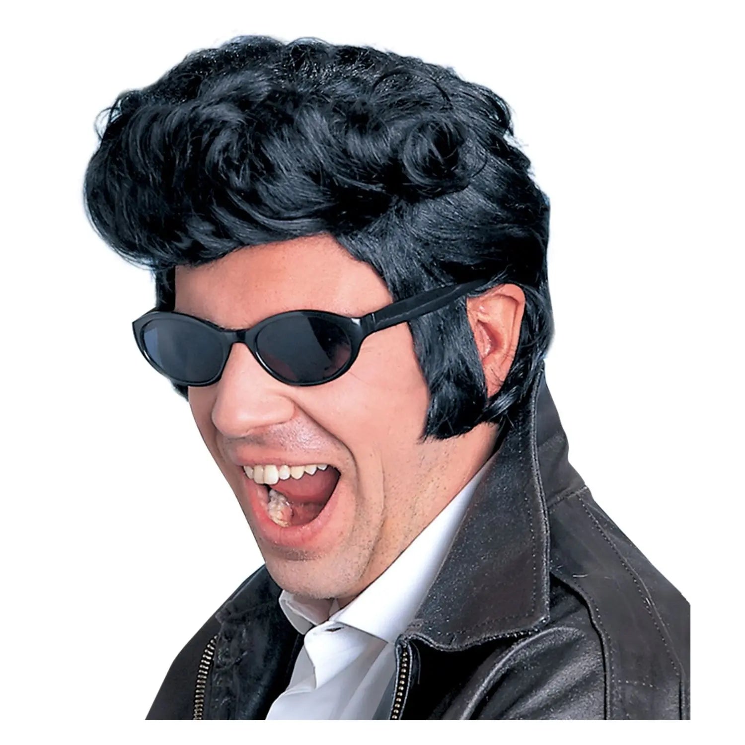Peluca negra estilo rey del rock con tupé para disfraz