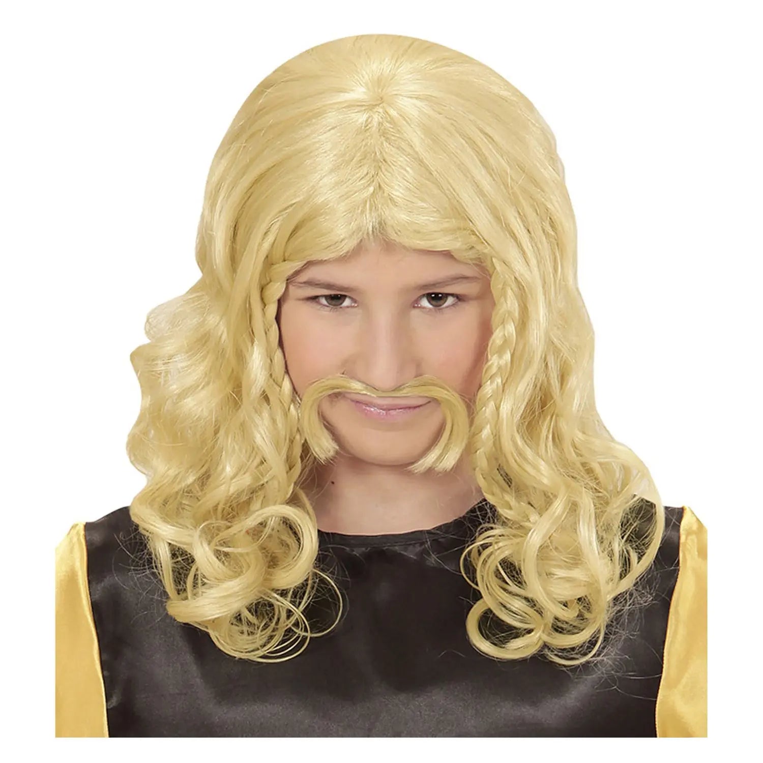 Peluca Gaulois infantil rubia con trenzas y bigote a juego