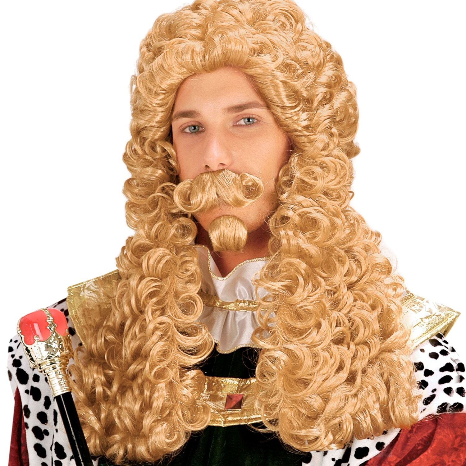 Peluca rubia estilo juez con bigote y perilla para disfraz
