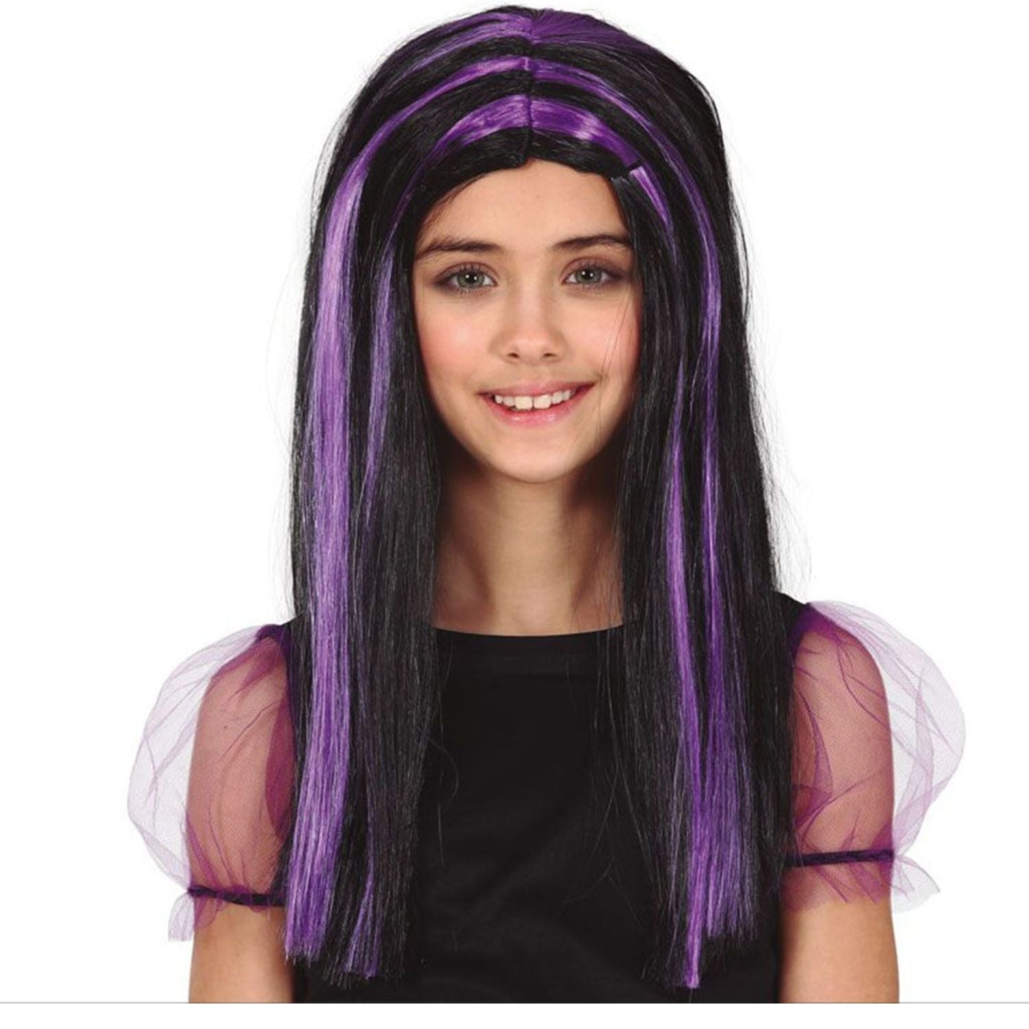 Peluca infantil con mechas lila para disfraz niña