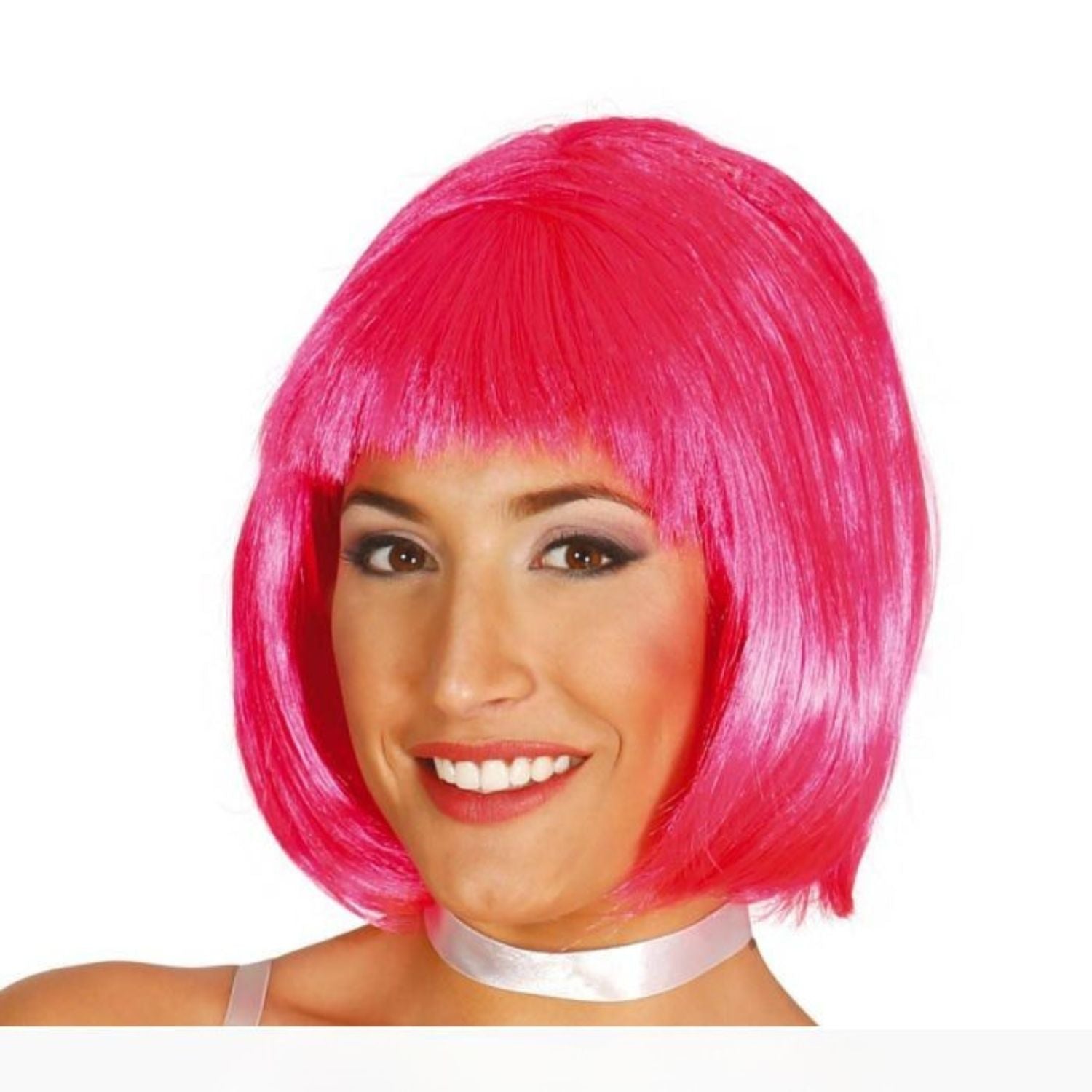 Peluca rosa media melena con flequillo para disfraz juvenil
