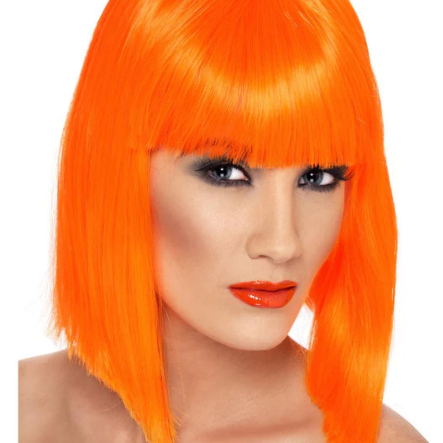Peluca naranja media melena con flequillo para disfraz