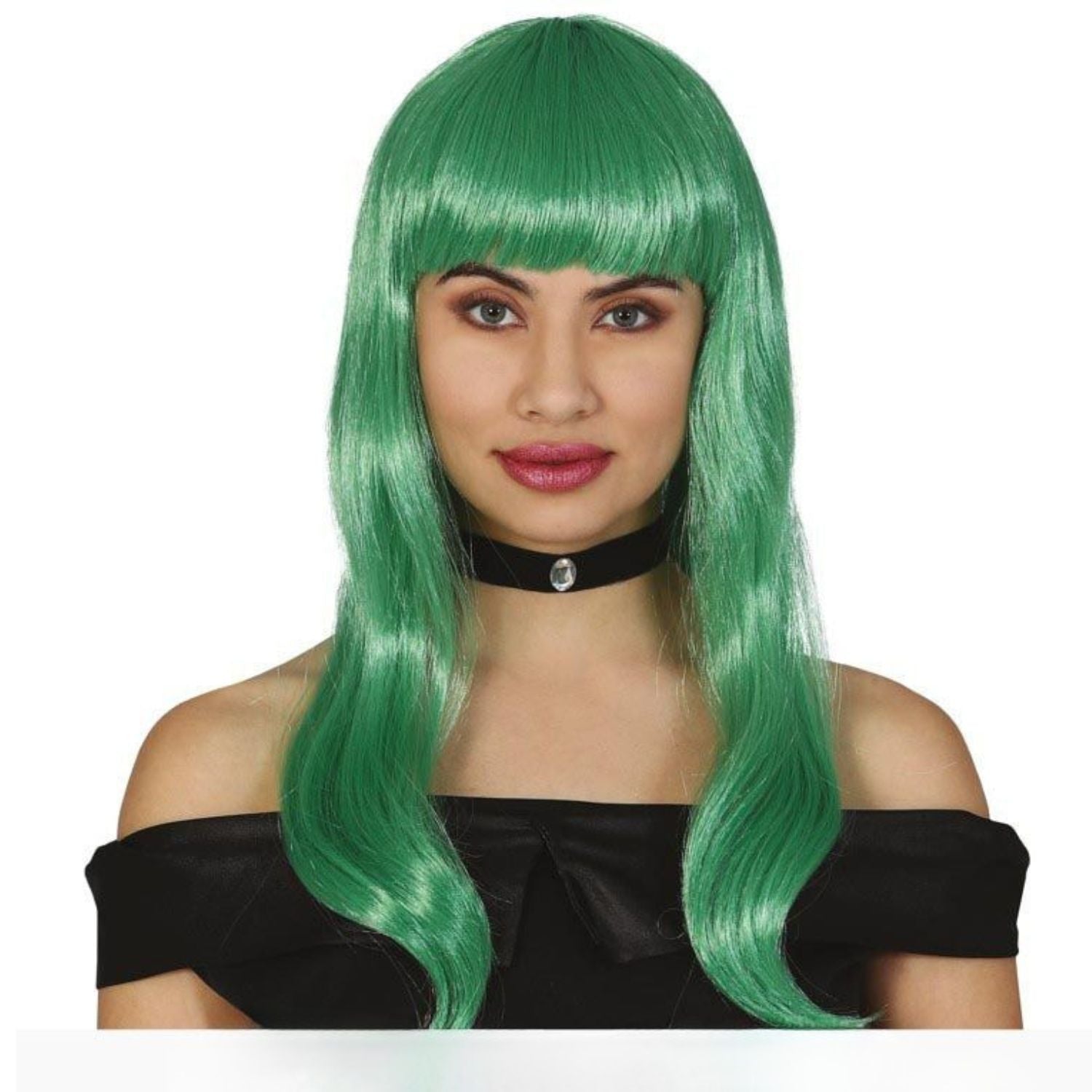 Peluca verde con flequillo y melena larga para disfraz