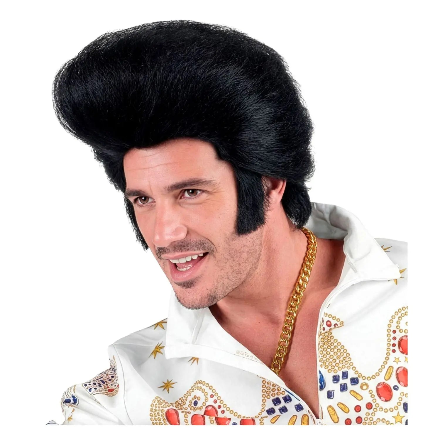 Peluca rey del rock negra con peinado voluminoso y patillas para disfraz retro de cantante rock and roll