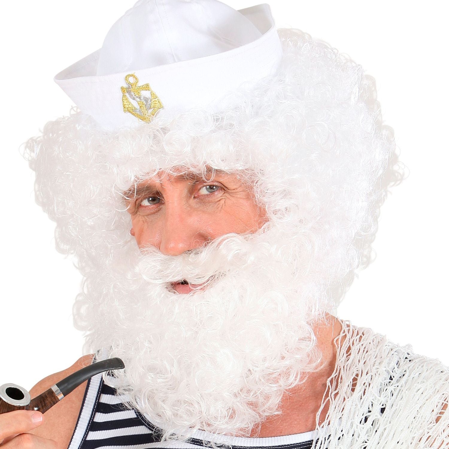 Conjunto peluca blanca rizada con barba y bigote para disfraz