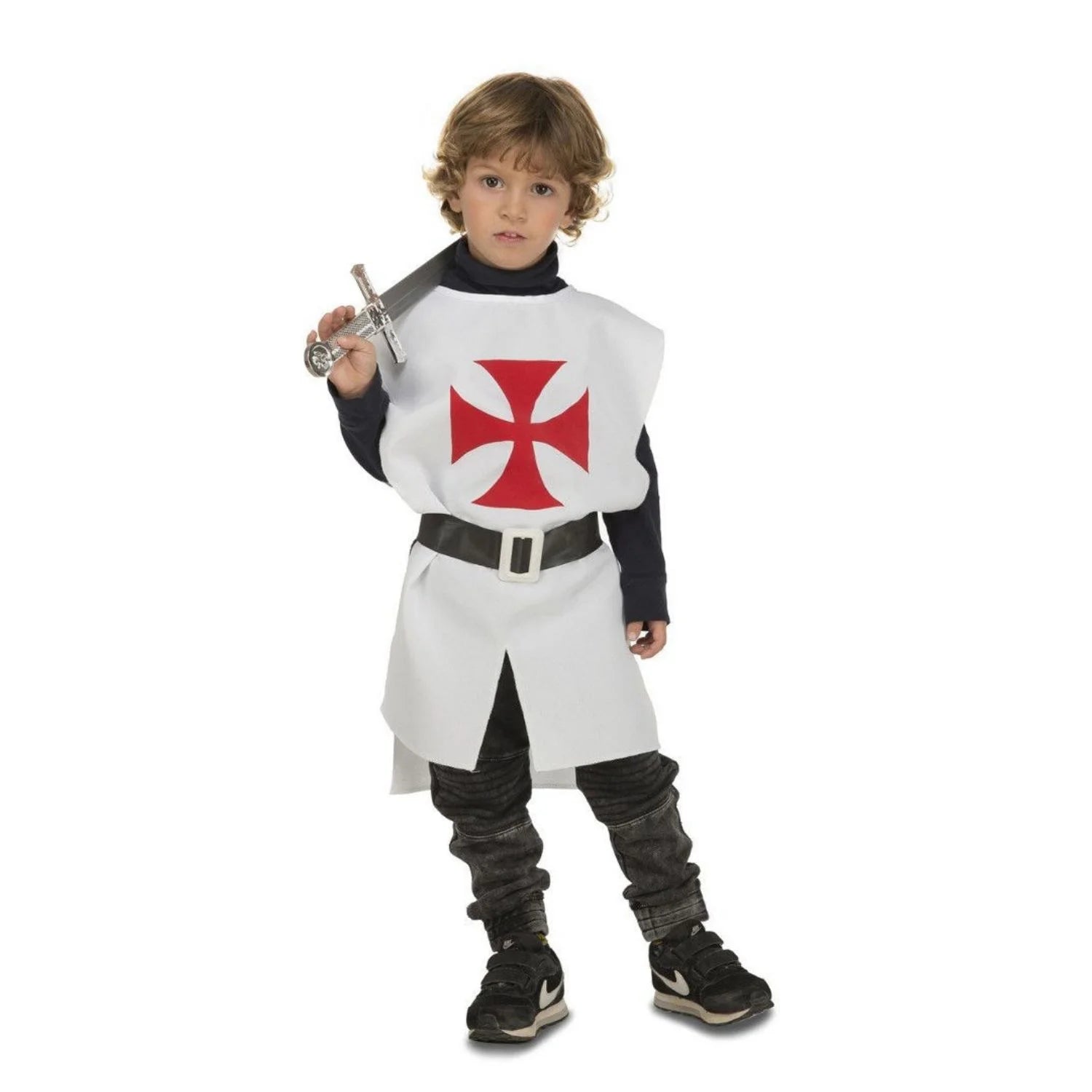 Peto medieval blanco infantil con cruz roja y cinturón para disfraz de caballero