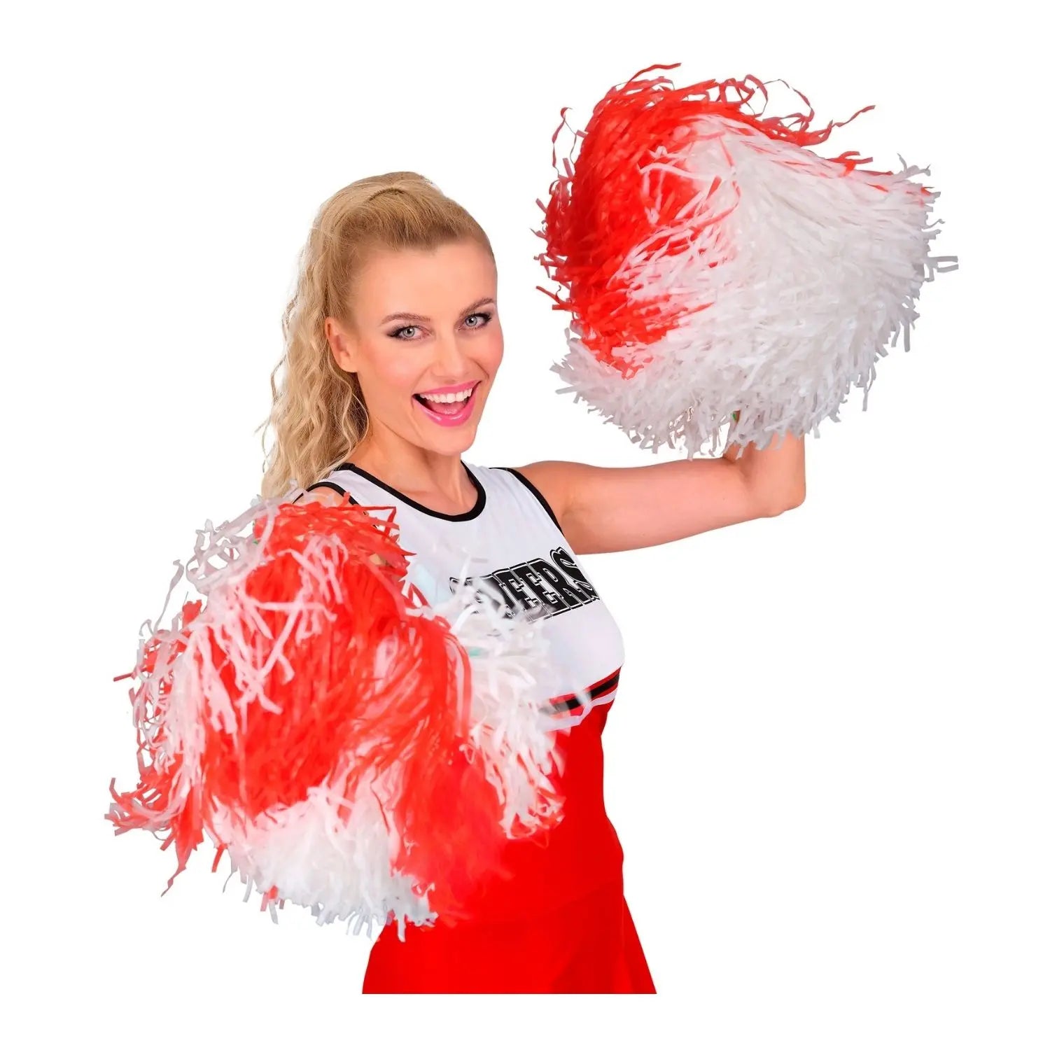pom pom blanco y rojo complemento para look de animadora o fiesta temática deportiva
