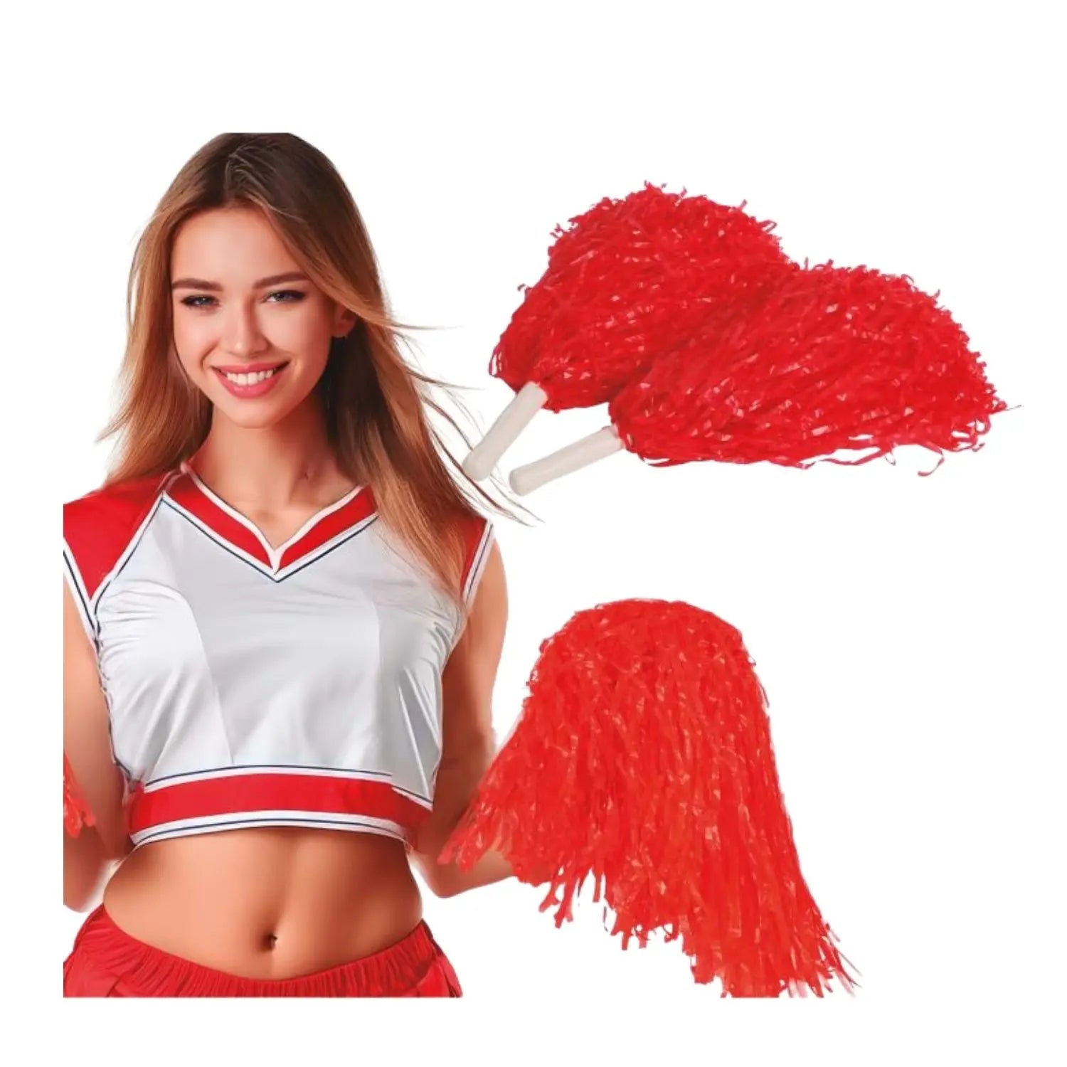 pom pom rojo de animadora complemento para look cheerleader o animación deportiva en fiestas temáticas