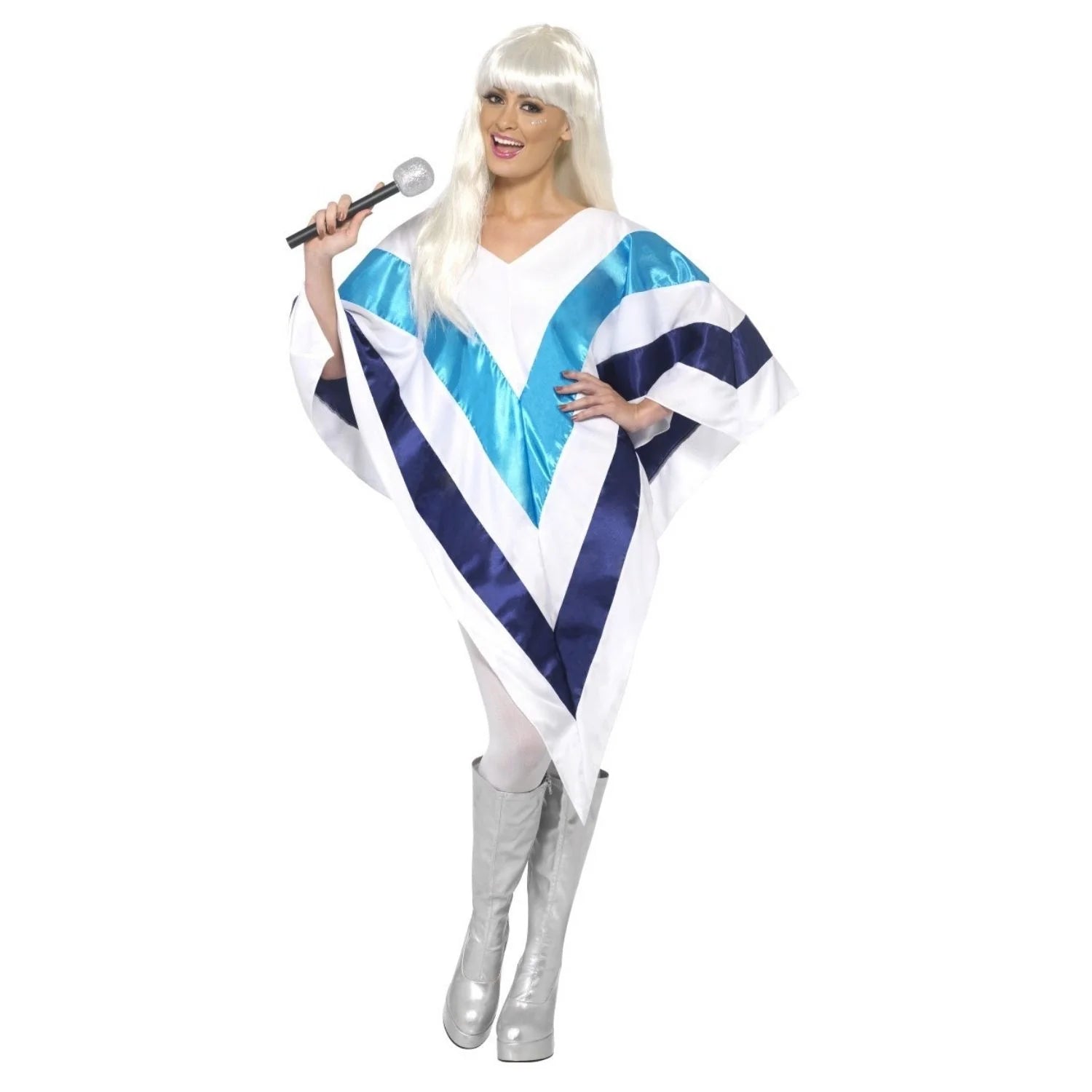 Poncho Disco Super Trooper blanco y azul para fiestas retro