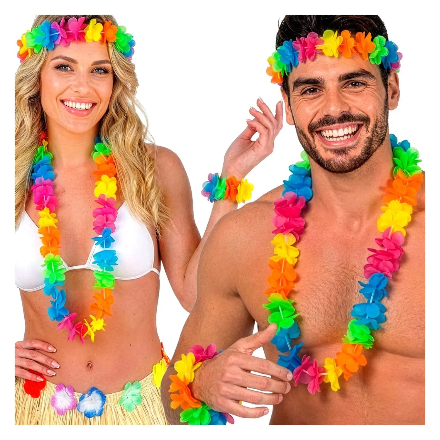 set hawaiano multicolor con collar corona y pulsera complemento para look tropical o fiesta hawaiana