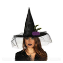sombrero de bruja negro con velo complemento disfraz halloween