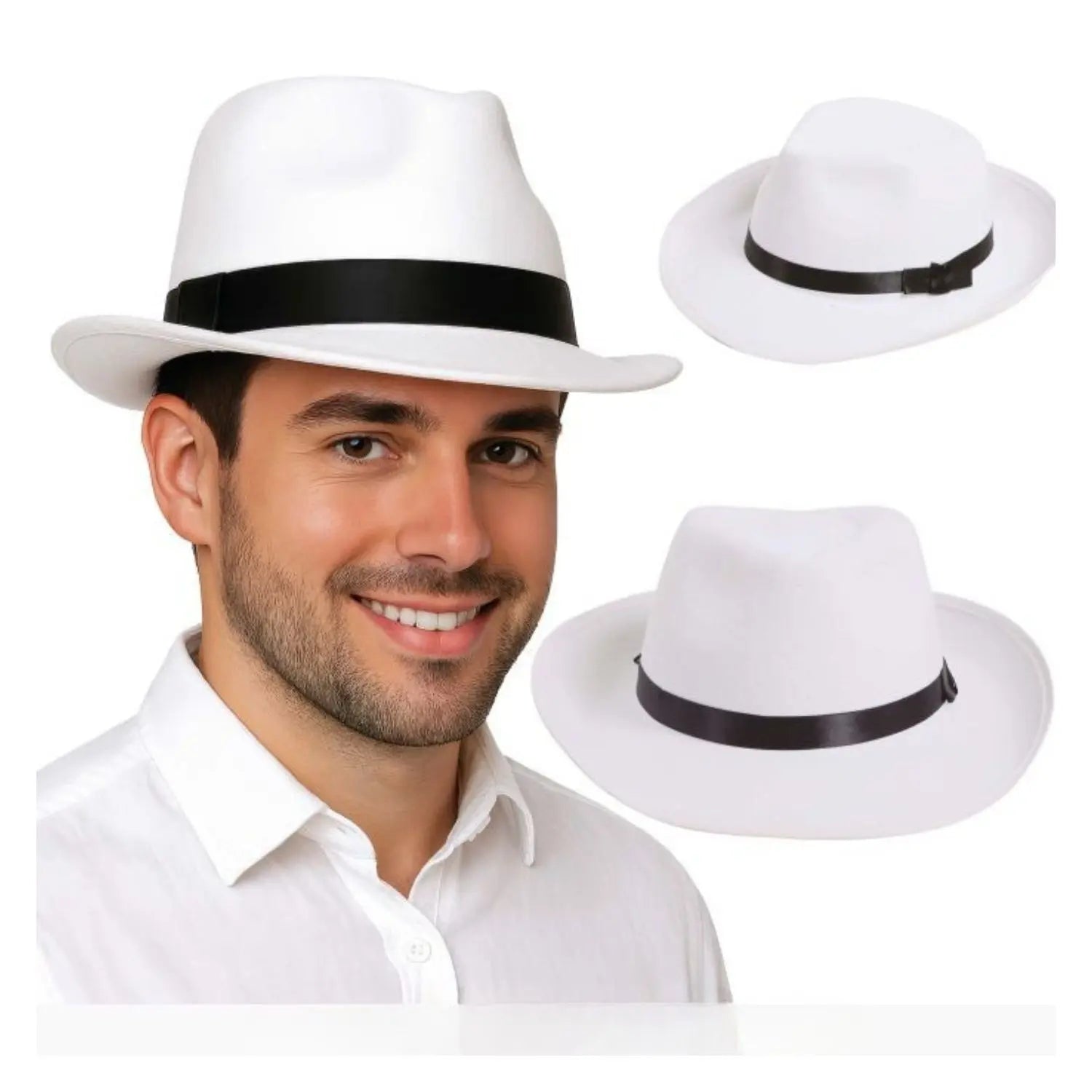 sombrero gangster blanco con cinta negra complemento disfraz mafioso