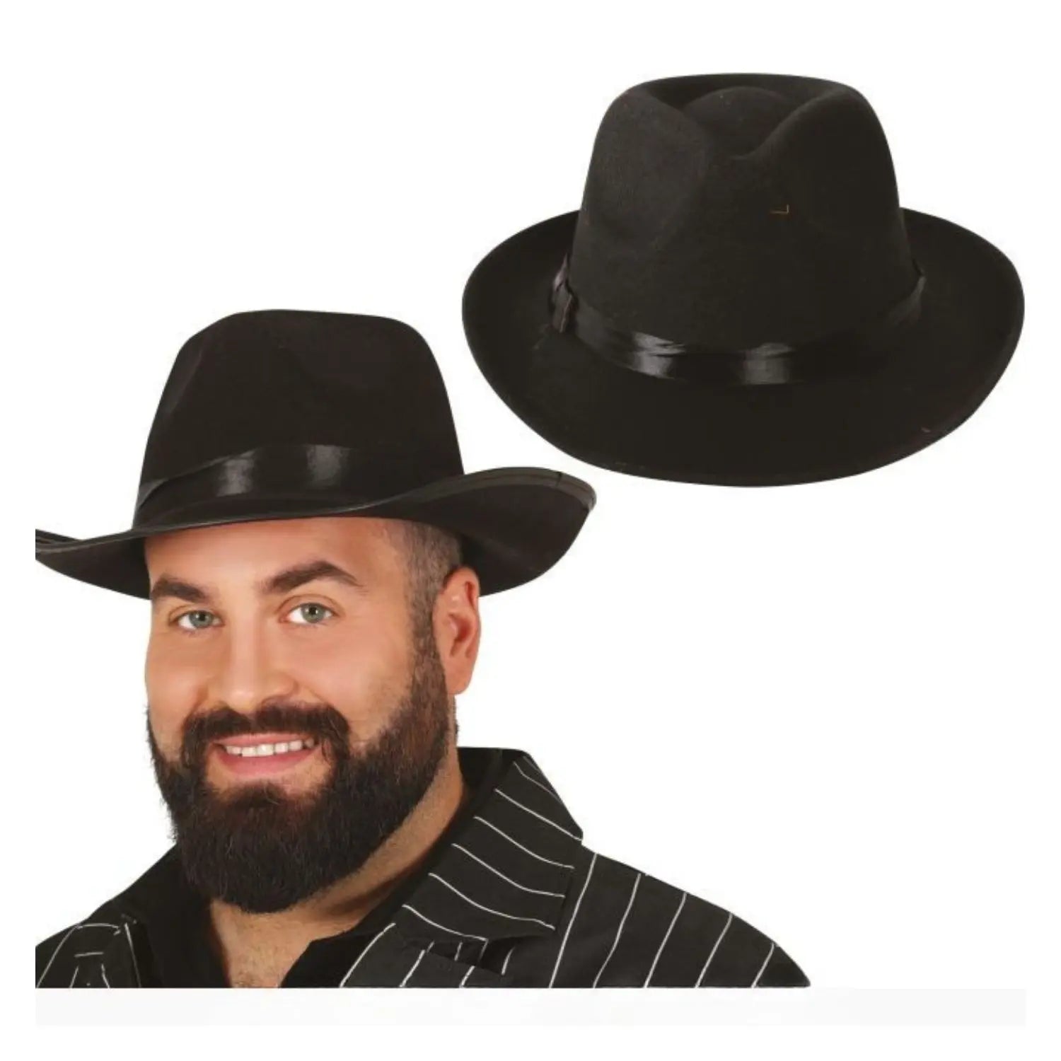 Sombrero gangster negro con cinta negra para disfraz mafioso años 20