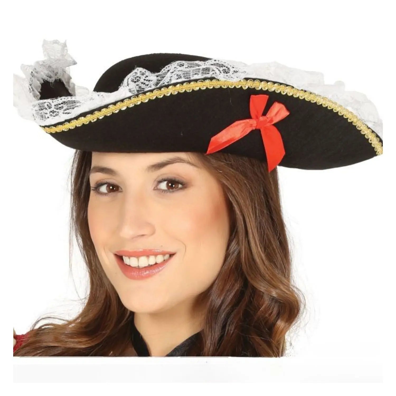 sombrero pirata mujer lujo con encaje y lazo rojo complemento disfraz pirata
