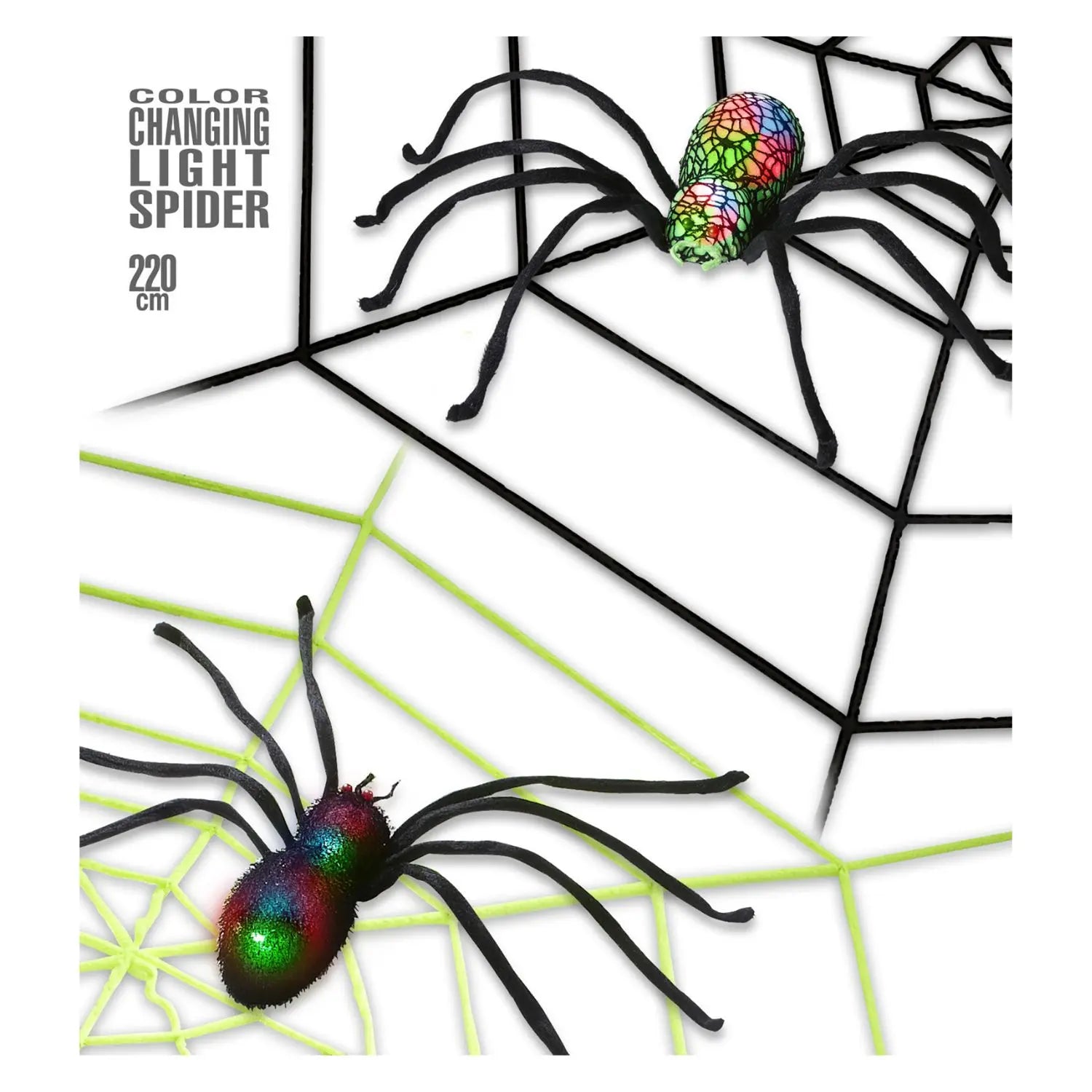 Telaraña gigante de 220 cm con araña luminosa que cambia de color
