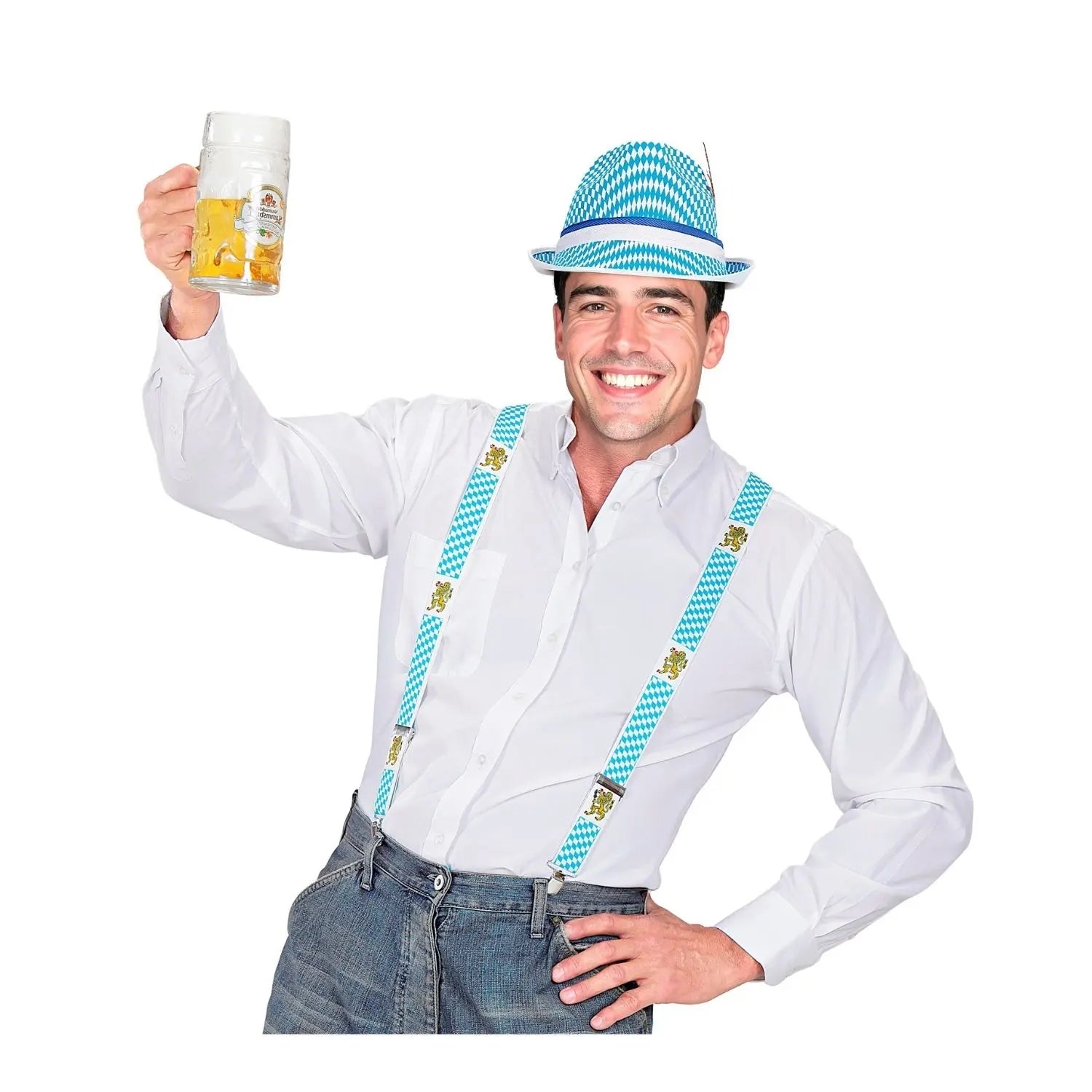 tirantes bávaros azul y blanco complemento para look Oktoberfest o temática alemana