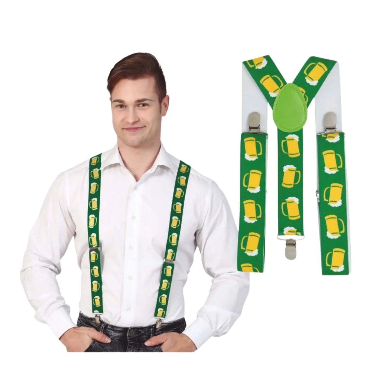 tirantes verdes con jarras de cerveza complemento para look Oktoberfest o fiesta cervecera