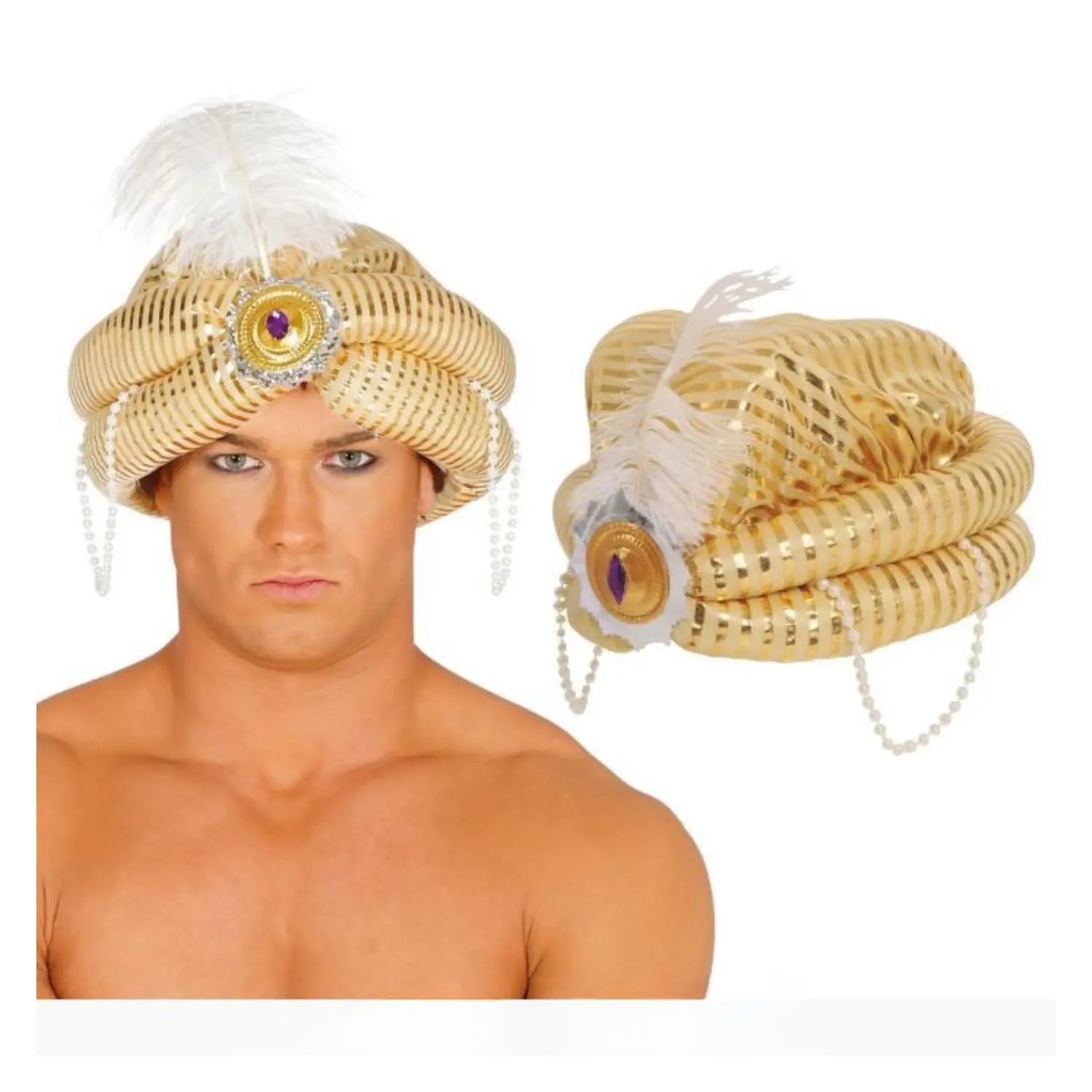 Turbante dorado de marajá con pluma para disfraz oriental de carnaval