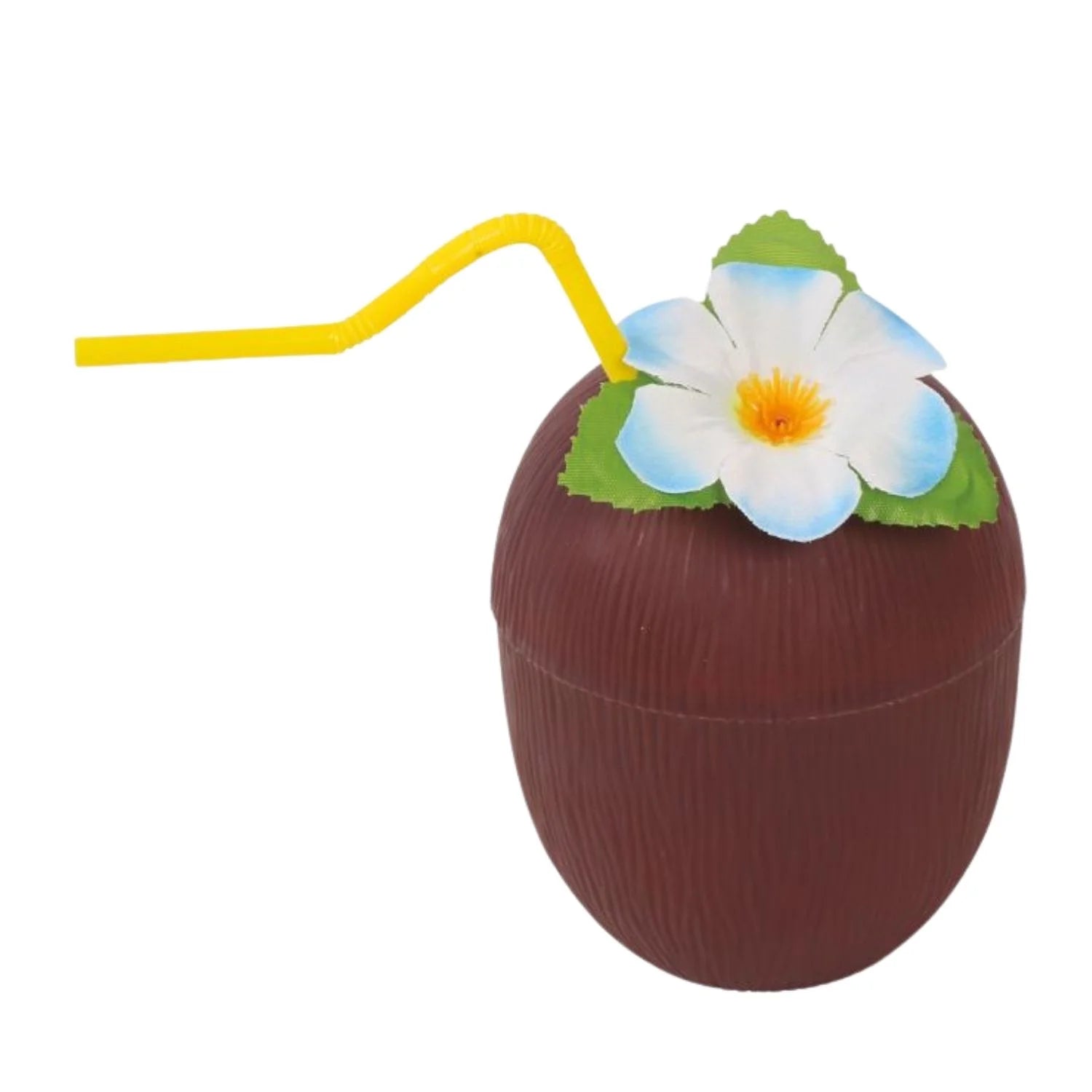vaso coco con pajita y flor complemento para look hawaiano o temática tropical