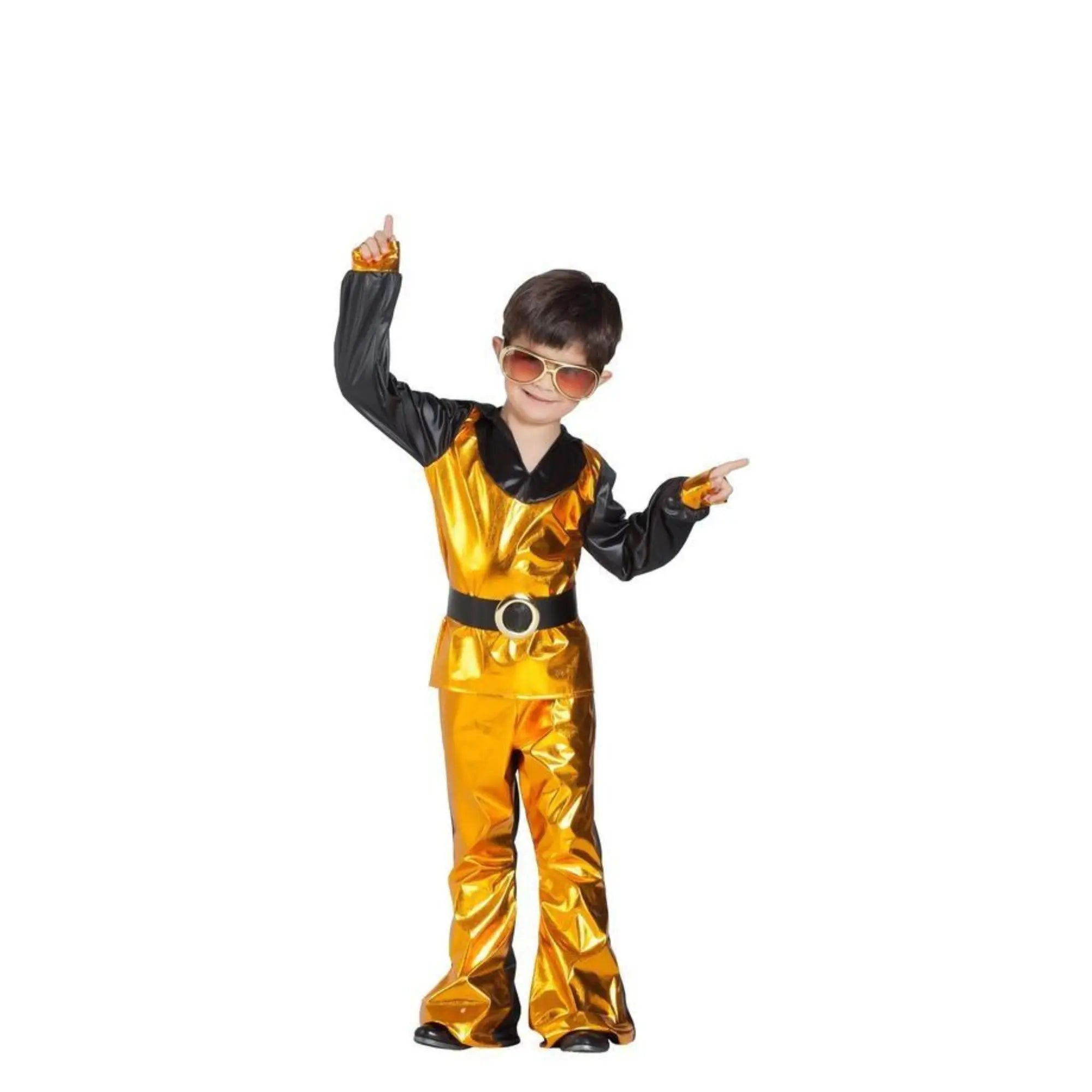 Disfraz disco dorado infantil con camisa, pantalón y cinturón estilo años 70 para Carnaval