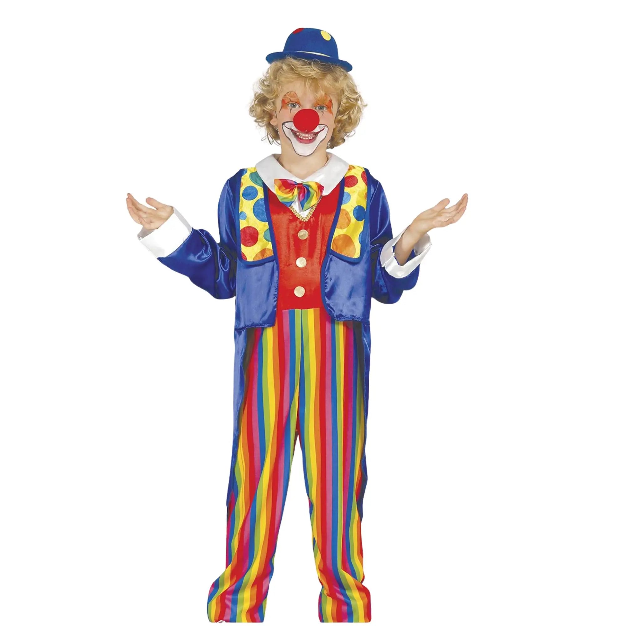 Disfraz de payaso infantil con chaqueta, chaleco, pajarita y pantalón colorido para Carnaval