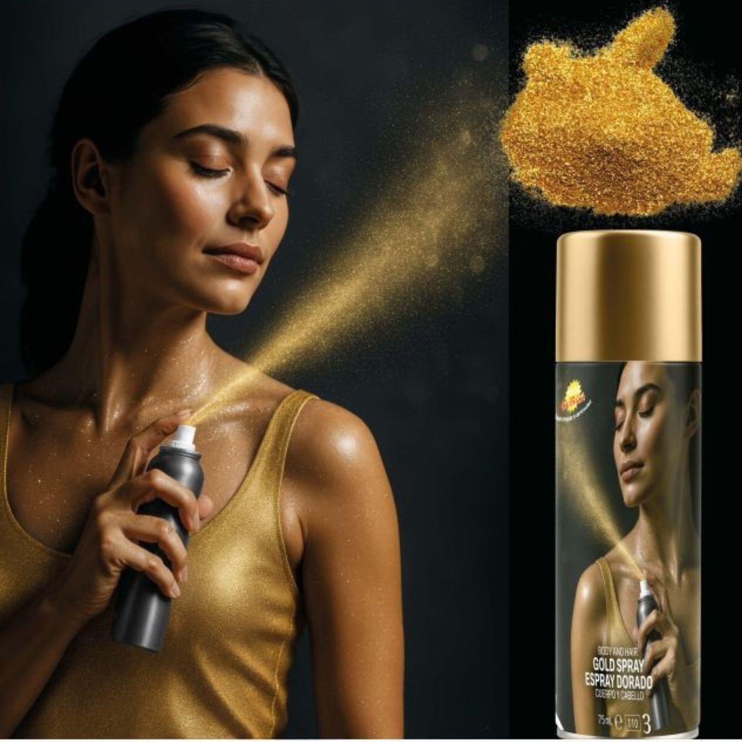 Spray Maquillaje Brillo Color Oro Tienda de disfraces online - Mercadisfraces