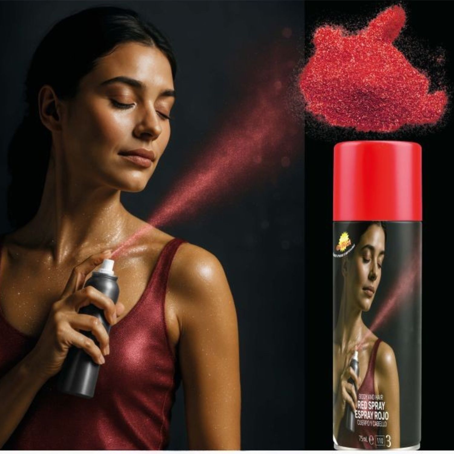 Spray Maquillaje Brillo Color Rojo Tienda de disfraces online - Mercadisfraces