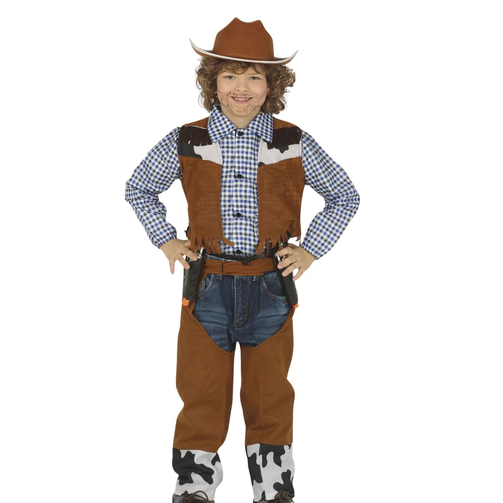 Disfraz de vaquero del oeste infantil con chaleco, cubrepantalón y camisa para Carnava