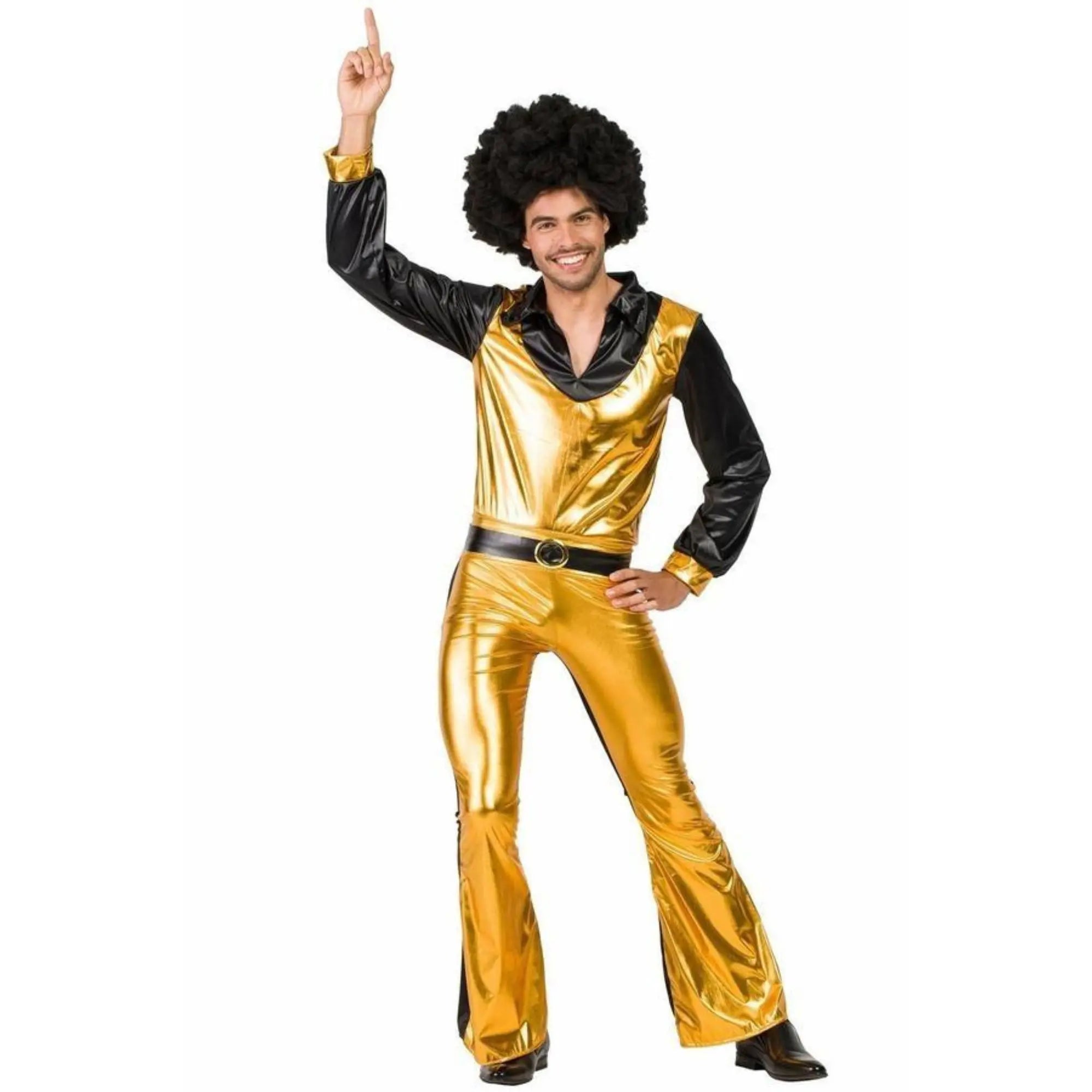 Disfraz disco chico dorado infantil con camisa brillante, pantalón y cinturón estilo años 70 retro