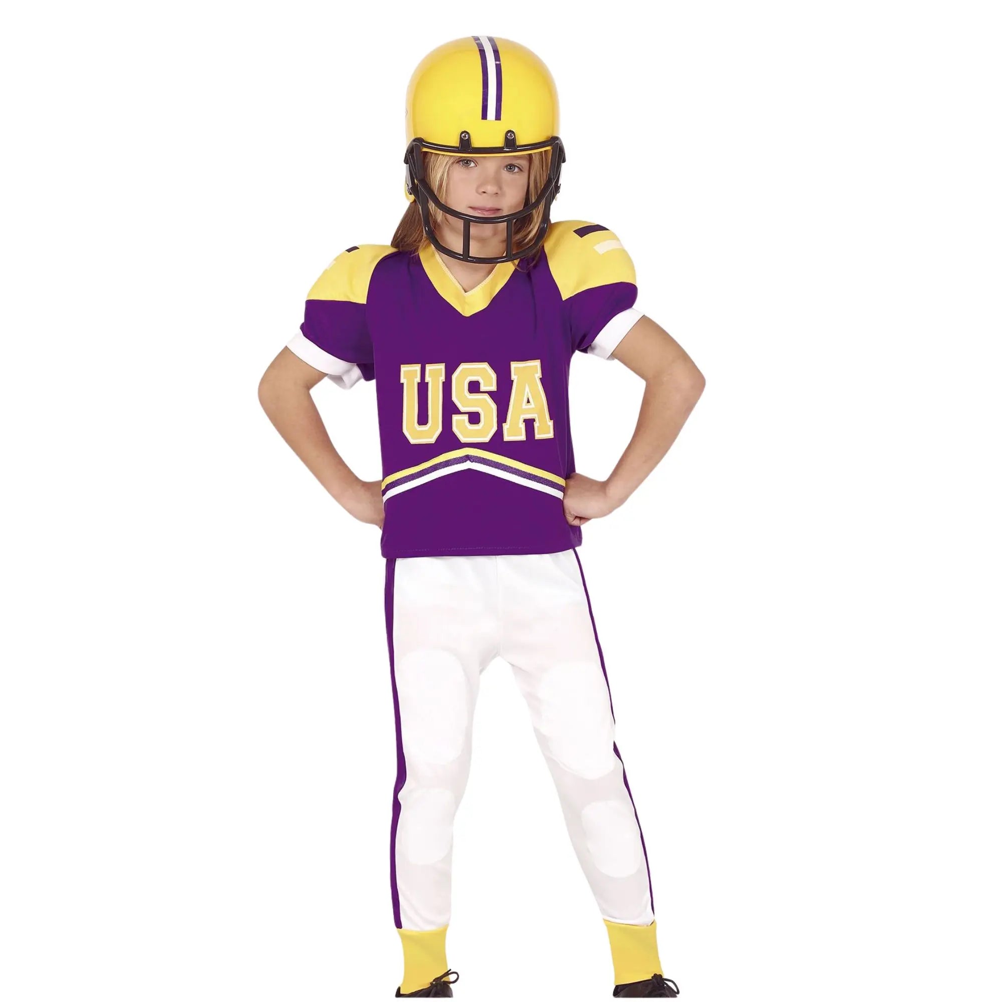 Disfraz de jugador de fútbol americano infantil con hombreras camiseta y pantalón para Carnaval