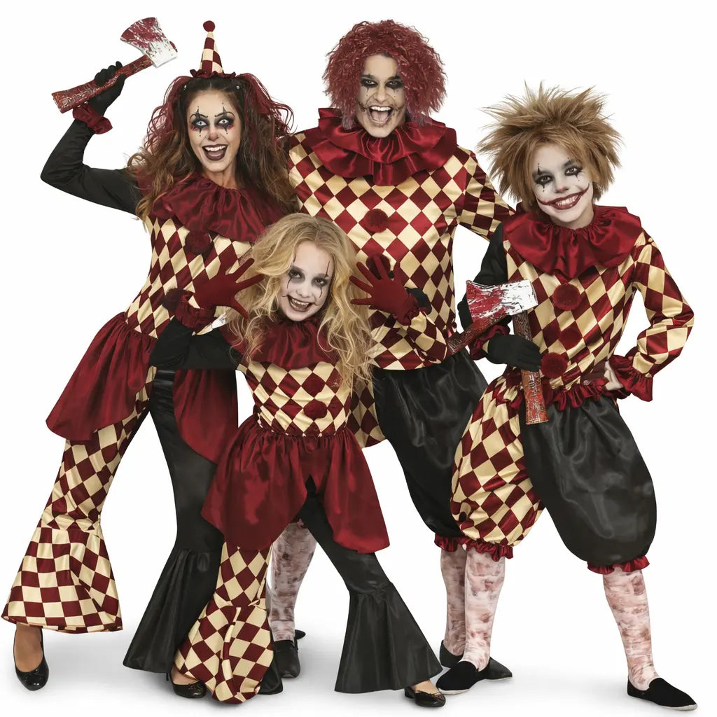Grupo de amigos disfrazados de arlequines malvados con estilo oscuro y coordinado para Halloween