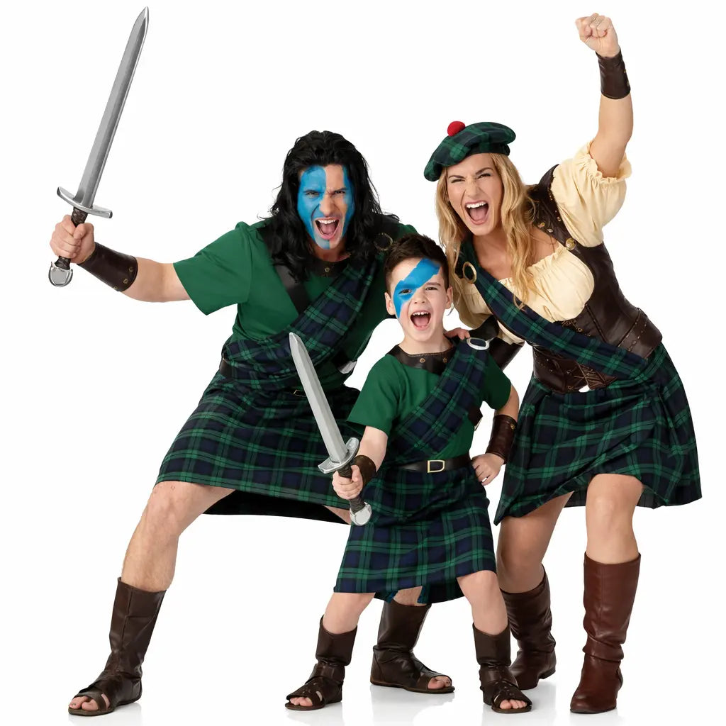 Grupo de amigos disfrazados de escoceses Braveheart con estilo guerrero en Carnaval