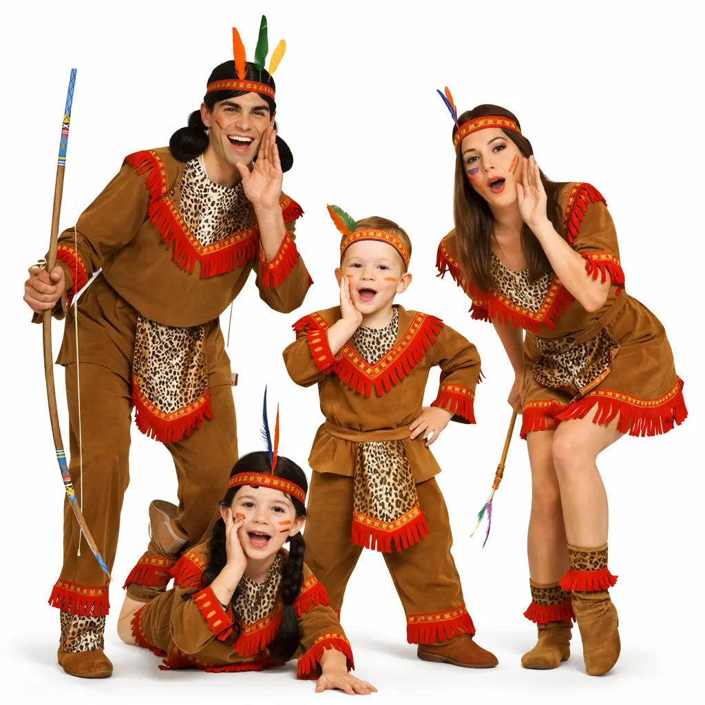 Grupo familiar disfrazado de indios con estilo tribal coordinado para Carnaval