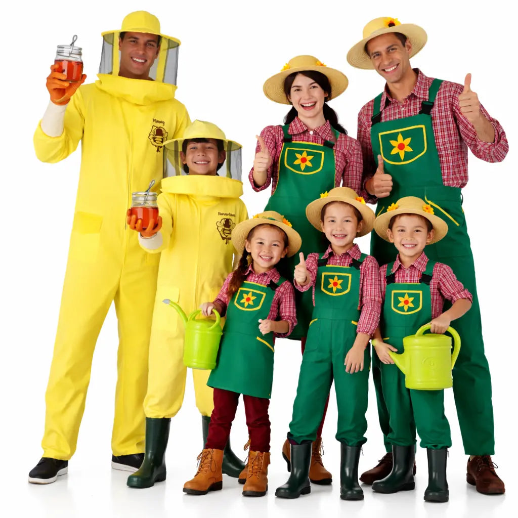 Grupo de amigos disfrazados de jardineros y apicultor en Carnaval con temática de naturaleza